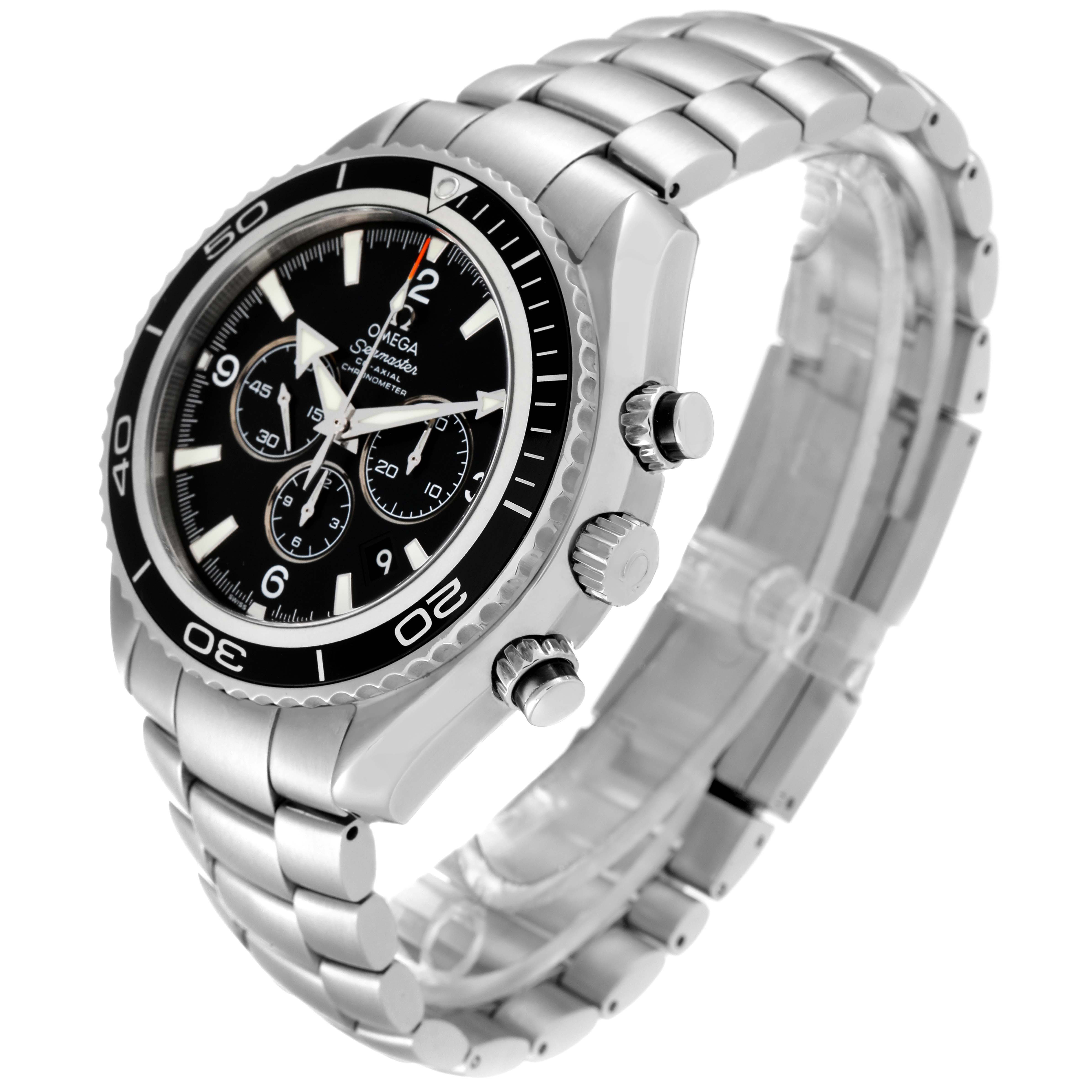 The Omega Planet Ocean 2210.50.00 Men
s Stainless Steel Black Dial 2210.50.00 Men
s Stainless Steel Black Dial watch is shown at a slight angle, highlighting its face, side buttons, and metal bracelet.