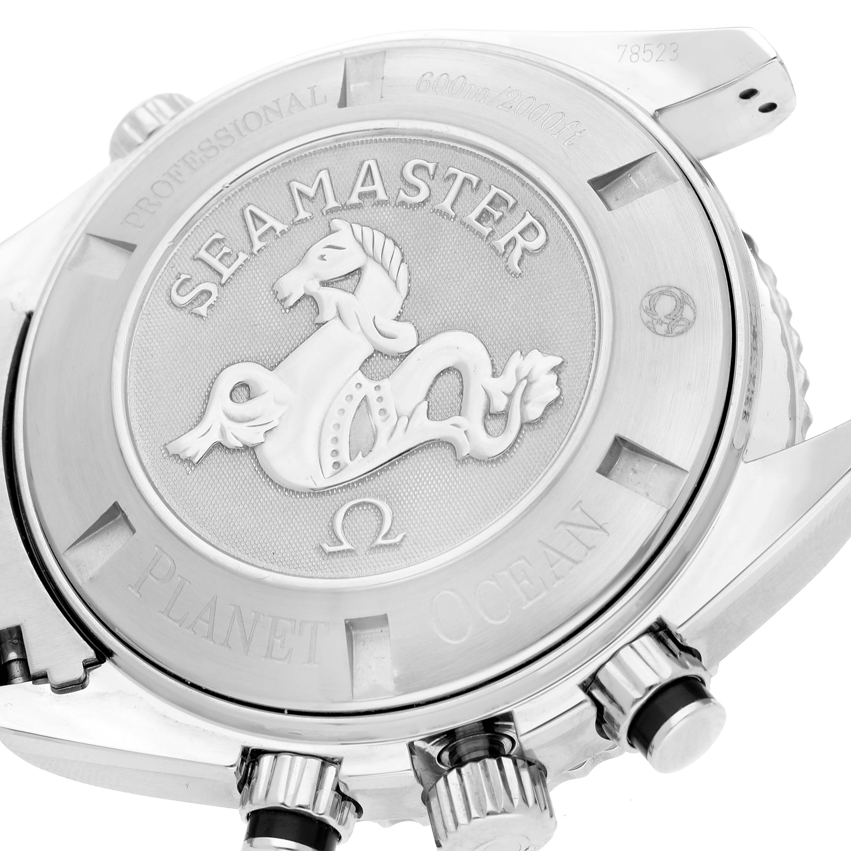 This is a rear view of the Omega Planet Ocean 2210.50.00 Men
s Stainless Steel Black Dial 2210.50.00 Men
s Stainless Steel Black Dial watch, showcasing its engraved case back and chronograph pushers.