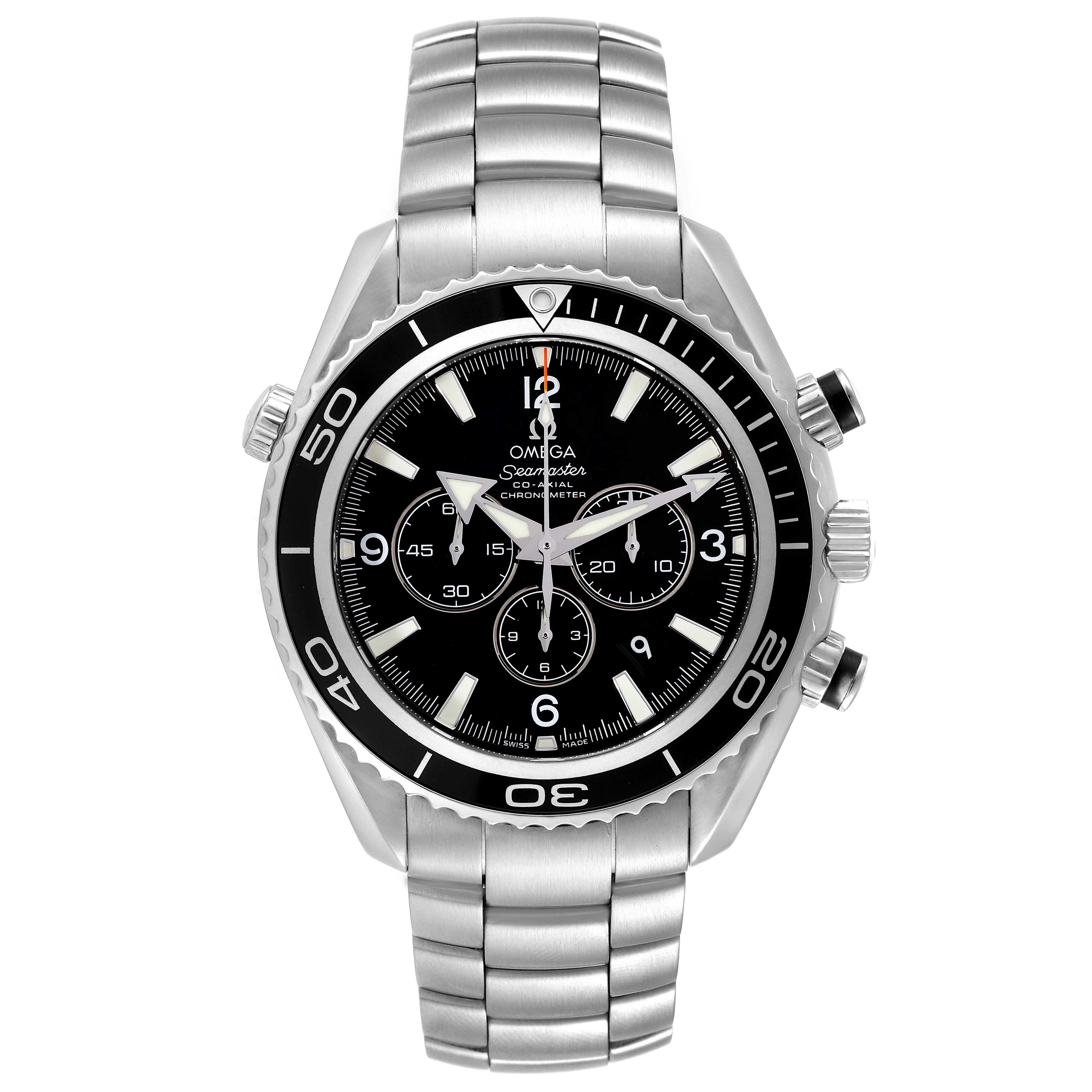 The image shows a front view of an Omega Planet Ocean 2210.50.00 Men
s Stainless Steel Black Dial 2210.50.00 Men
s Stainless Steel Black Dial watch, highlighting the bezel, dial, and metallic bracelet.