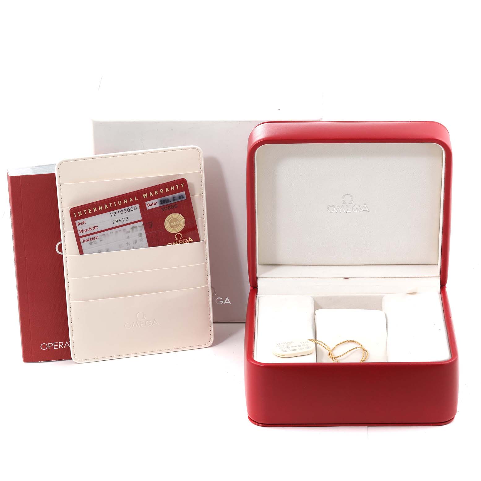 The image shows the Omega Planet Ocean 2210.50.00 Men
s Stainless Steel Black Dial 2210.50.00 Men
s Stainless Steel Black Dial model watch accessories including a red watch box, warranty card, and cardholder.