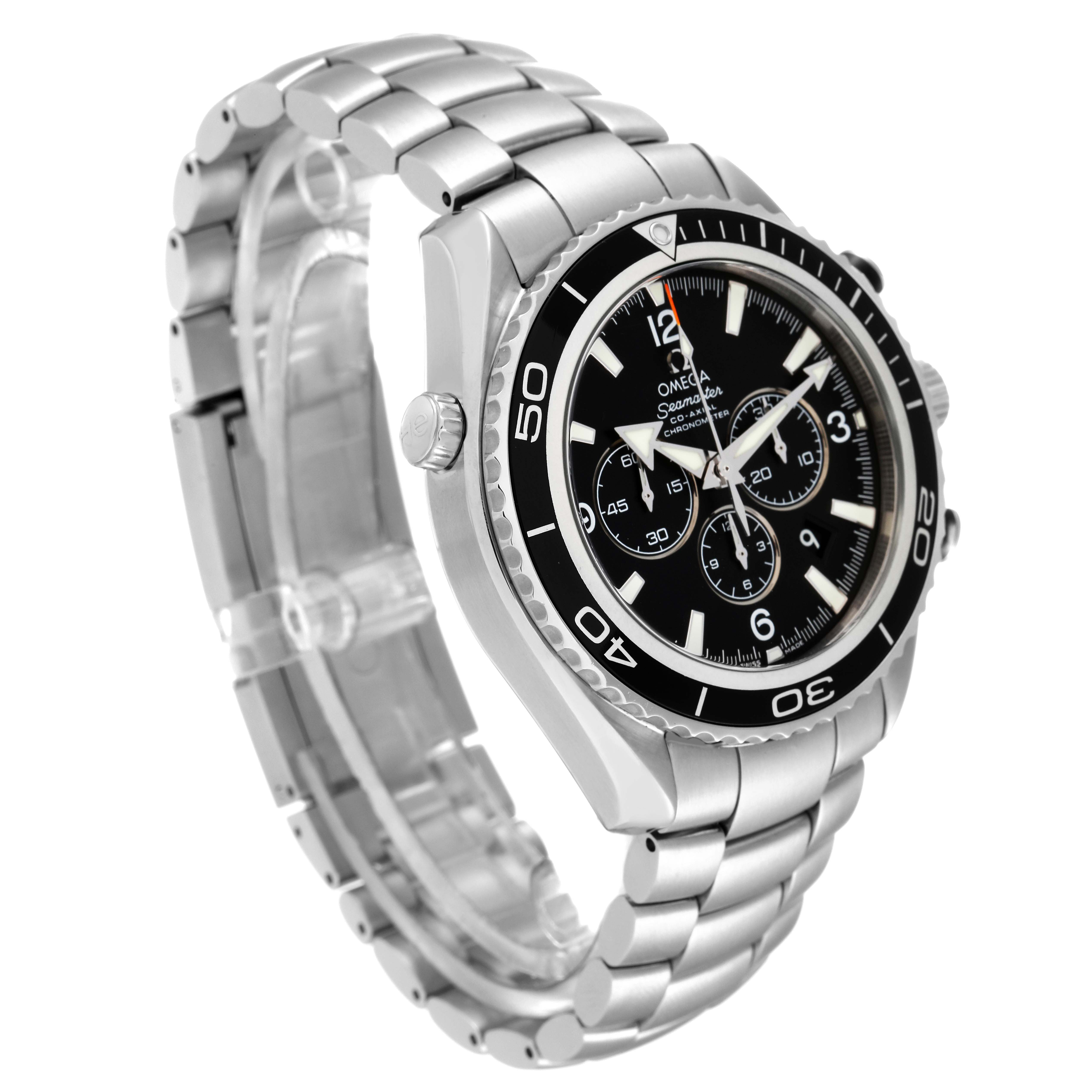 The image shows an angled view of an Omega Planet Ocean 2210.50.00 Men
s Stainless Steel Black Dial 2210.50.00 Men
s Stainless Steel Black Dial watch, highlighting its face, bezel, and bracelet.