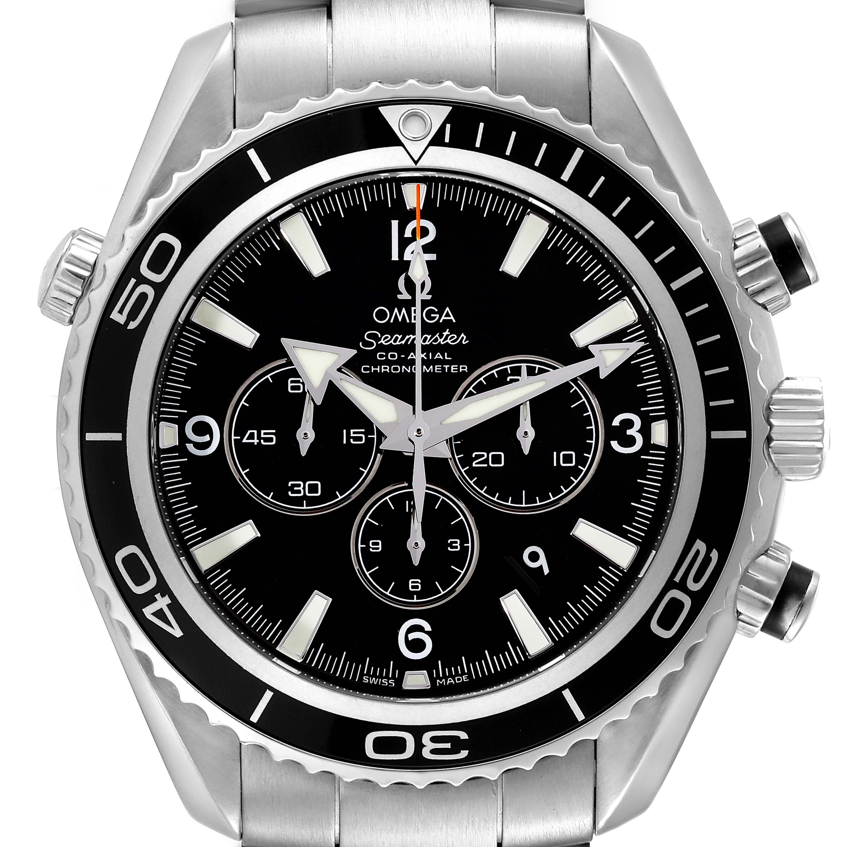 The image shows a frontal view of the Omega Planet Ocean 2210.50.00 Men
s Stainless Steel Black Dial 2210.50.00 Men
s Stainless Steel Black Dial watch, highlighting the dial, bezel, and chronograph sub-dials.