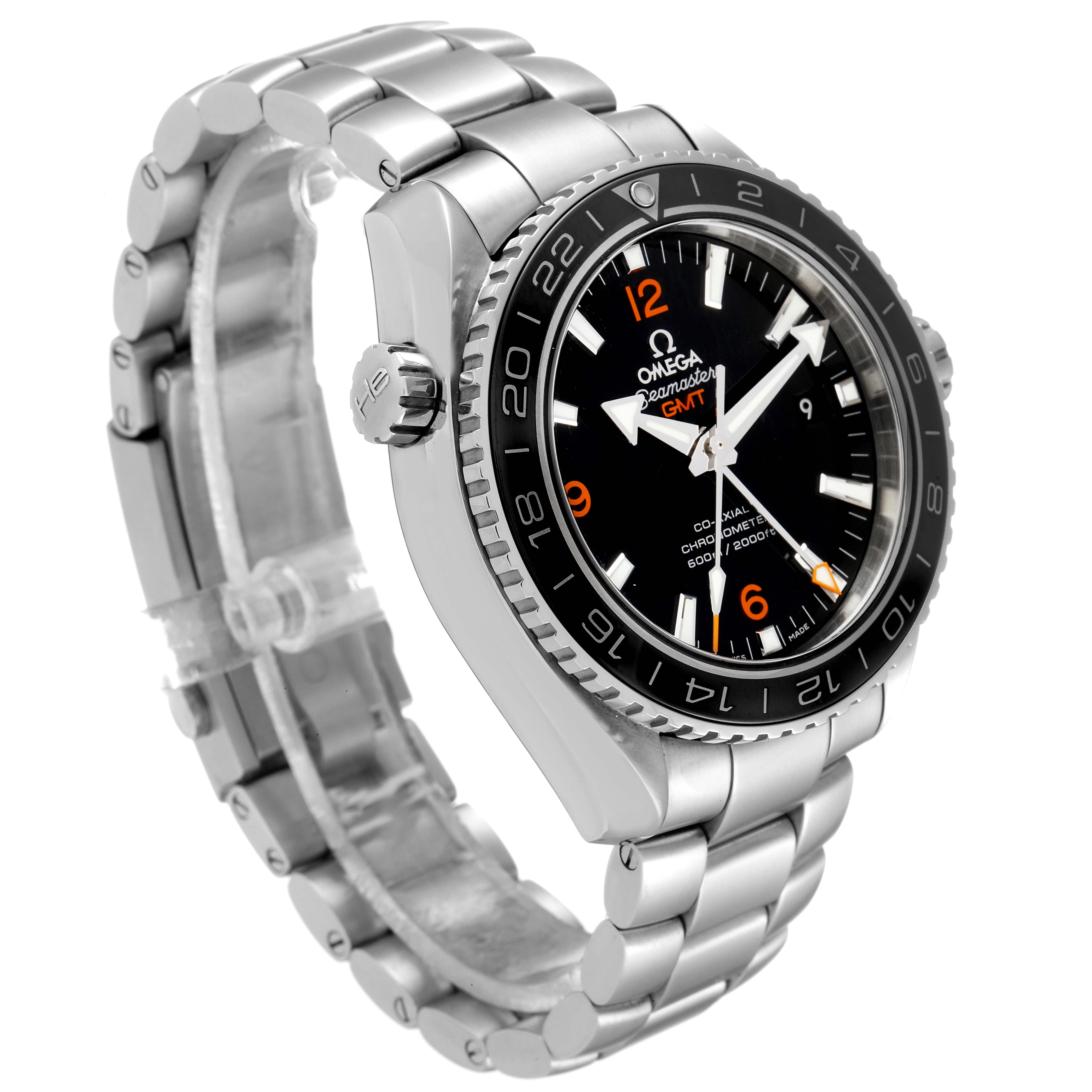 The Omega Planet Ocean 232.30.44.22.01.002 Men's Stainless Steel Black Dial 232.30.44.22.01.002 Men's Stainless Steel Black Dial watch is shown at a three-quarter angle, highlighting its face, bezel, crown, and metal bracelet.