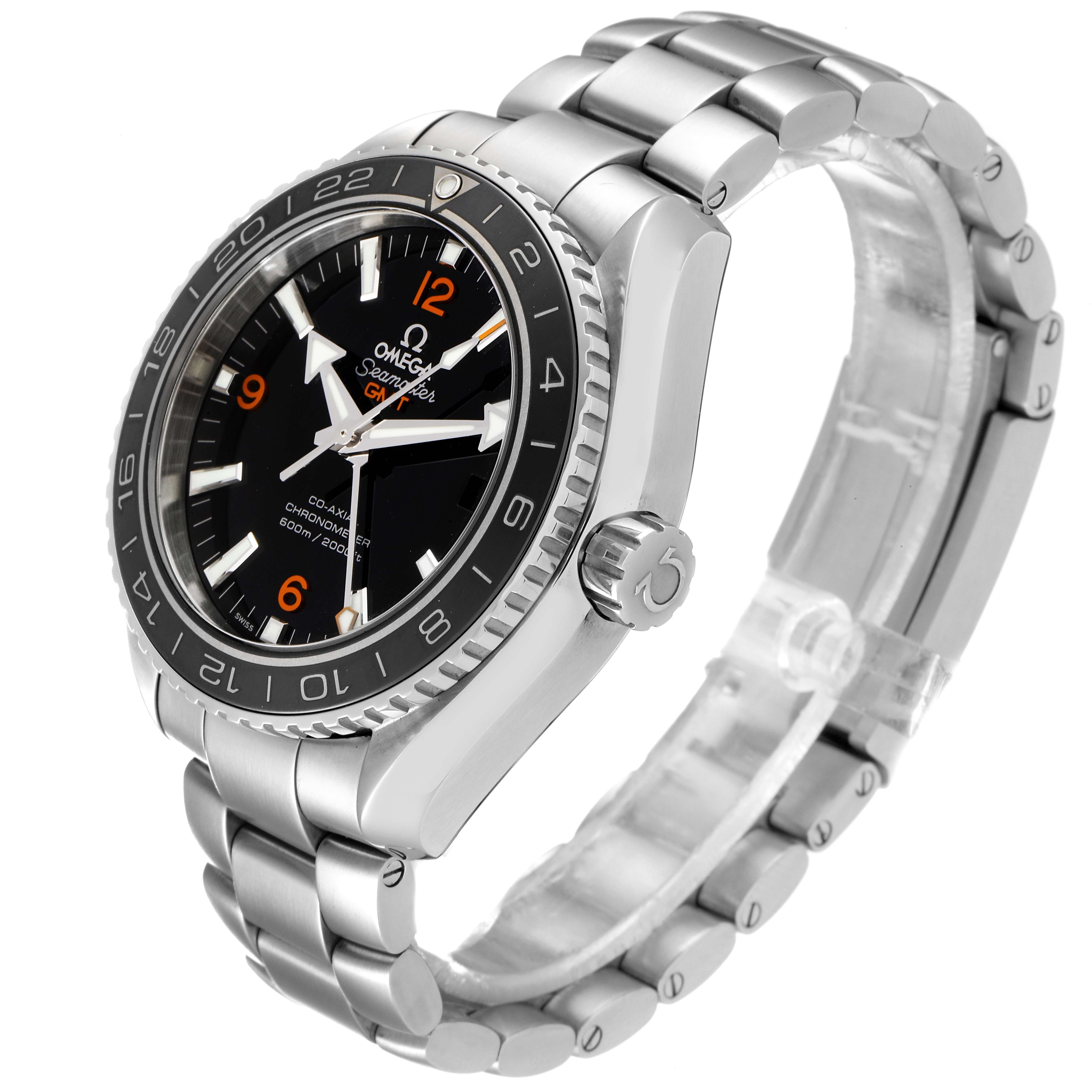 The Omega Planet Ocean 232.30.44.22.01.002 Men's Stainless Steel Black Dial 232.30.44.22.01.002 Men's Stainless Steel Black Dial watch is shown at an angle highlighting the face, bezel, band, and side crown.