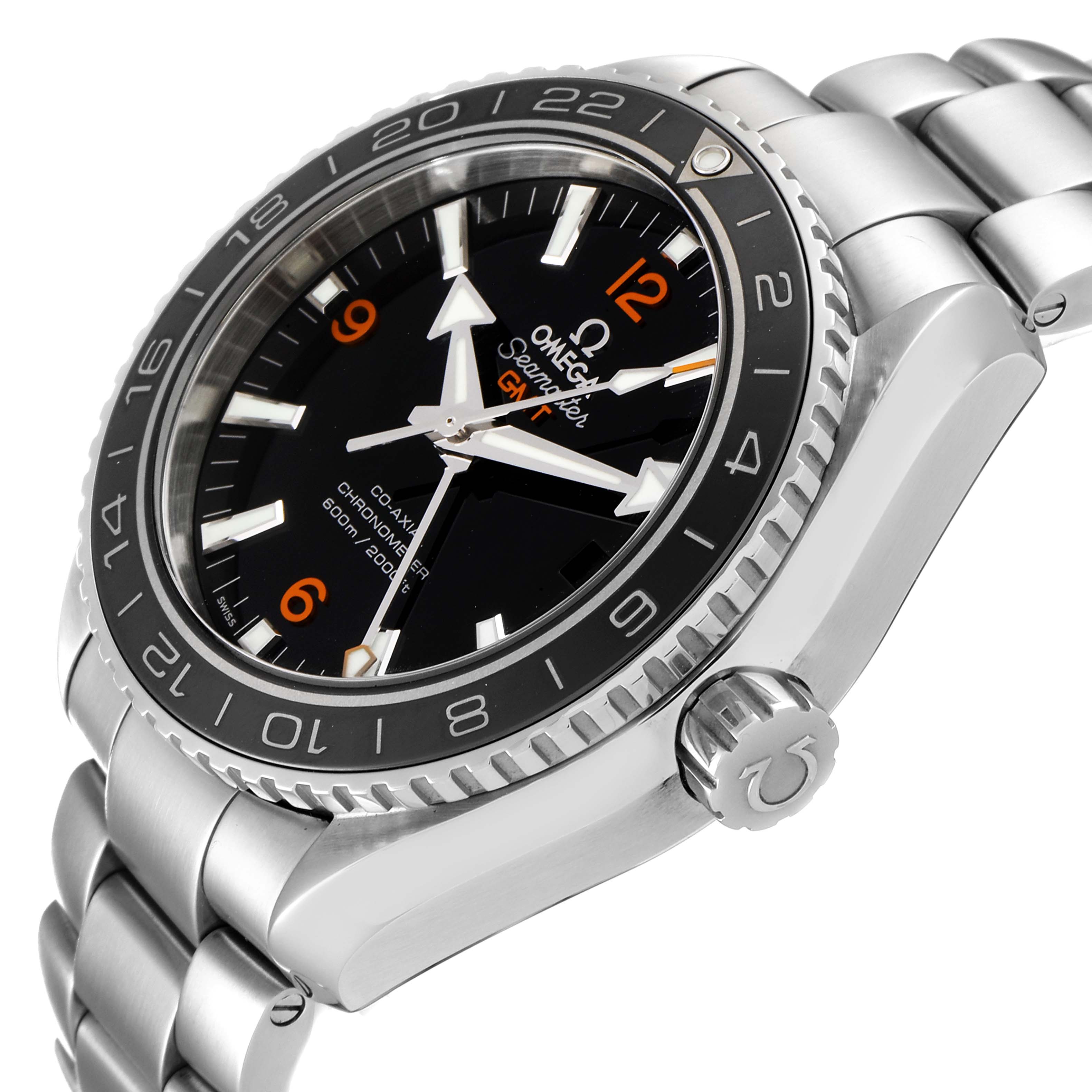 The image shows the Omega Planet Ocean 232.30.44.22.01.002 Men's Stainless Steel Black Dial 232.30.44.22.01.002 Men's Stainless Steel Black Dial watch from a three-quarter angle, highlighting the face, bezel, crown, and part of the bracelet.