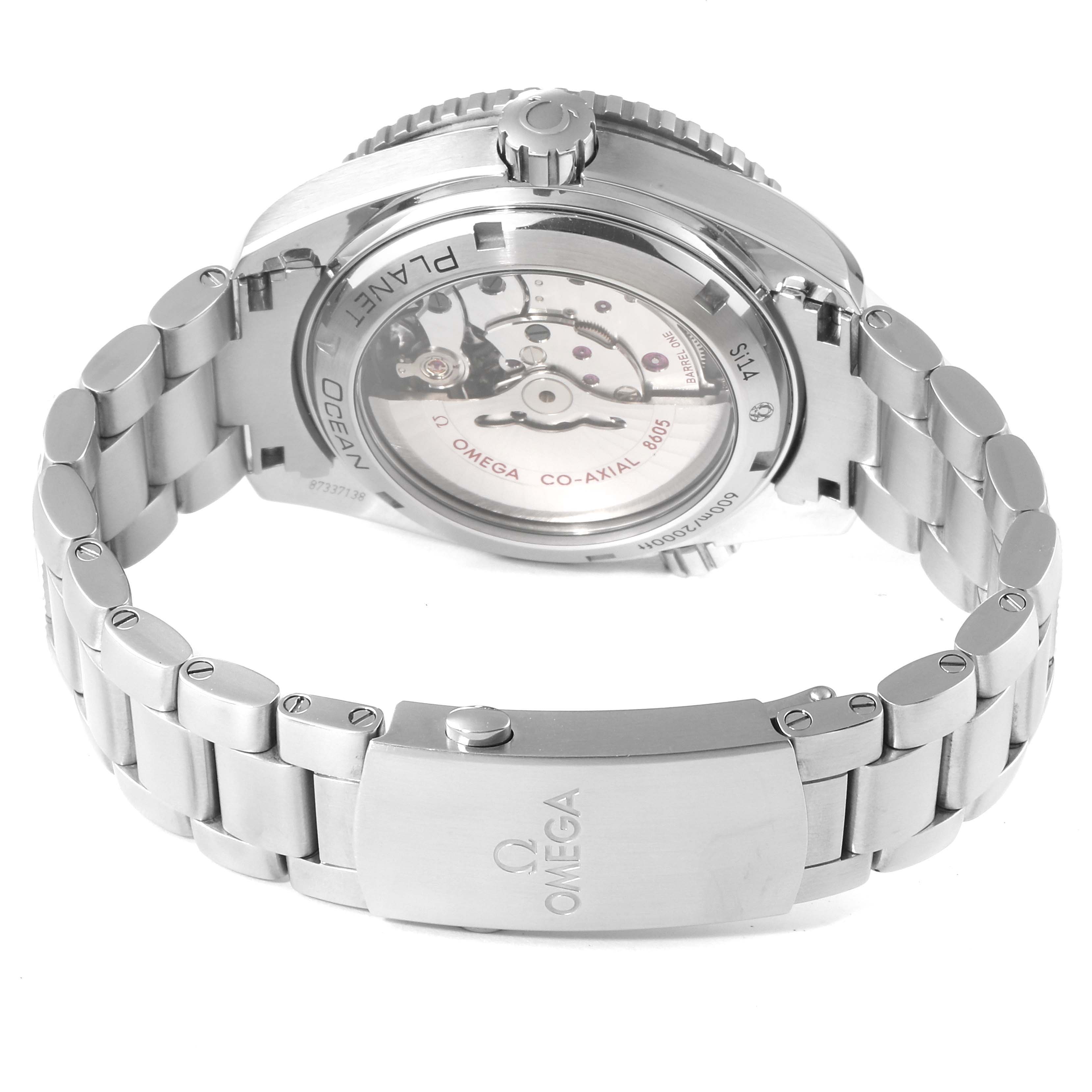 The image shows the back view of an Omega Planet Ocean 232.30.44.22.01.002 Men's Stainless Steel Black Dial 232.30.44.22.01.002 Men's Stainless Steel Black Dial watch, highlighting its open case back and metal bracelet with a clasp.