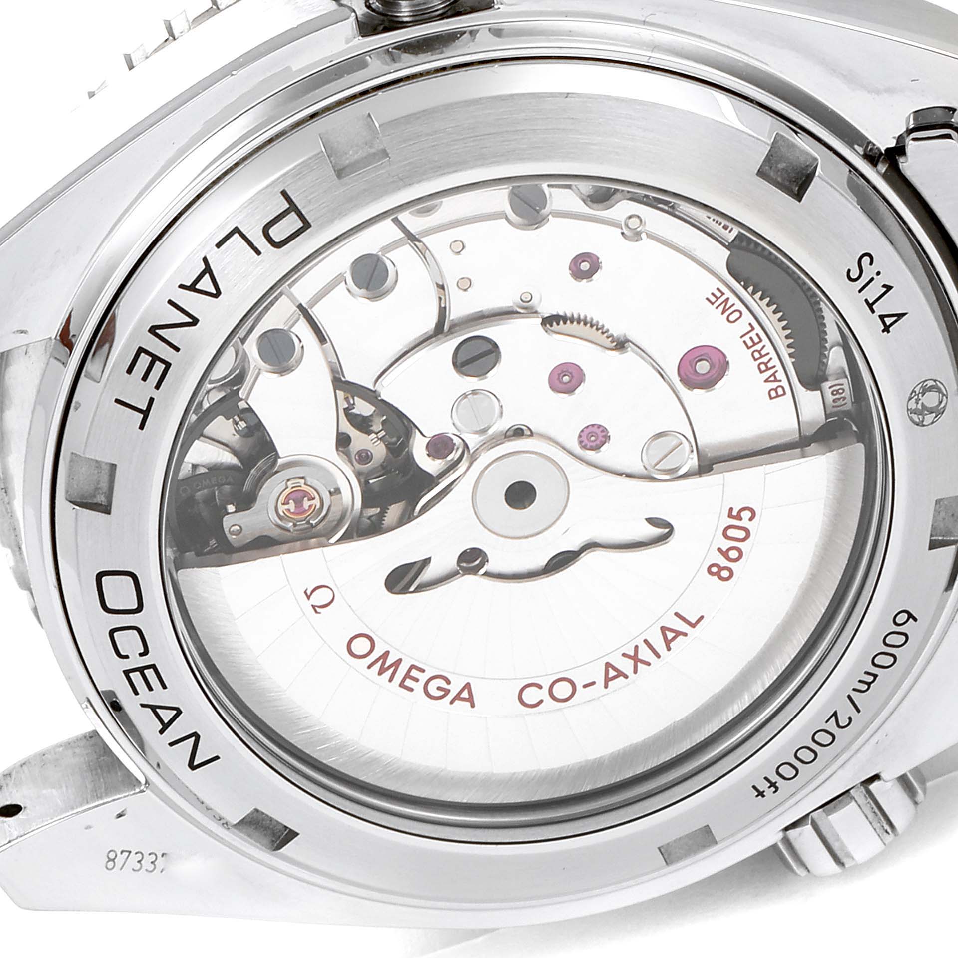 The image shows the back view of the Omega Planet Ocean 232.30.44.22.01.002 Men's Stainless Steel Black Dial 232.30.44.22.01.002 Men's Stainless Steel Black Dial watch, revealing its Co-Axial 8605 movement through the transparent caseback.