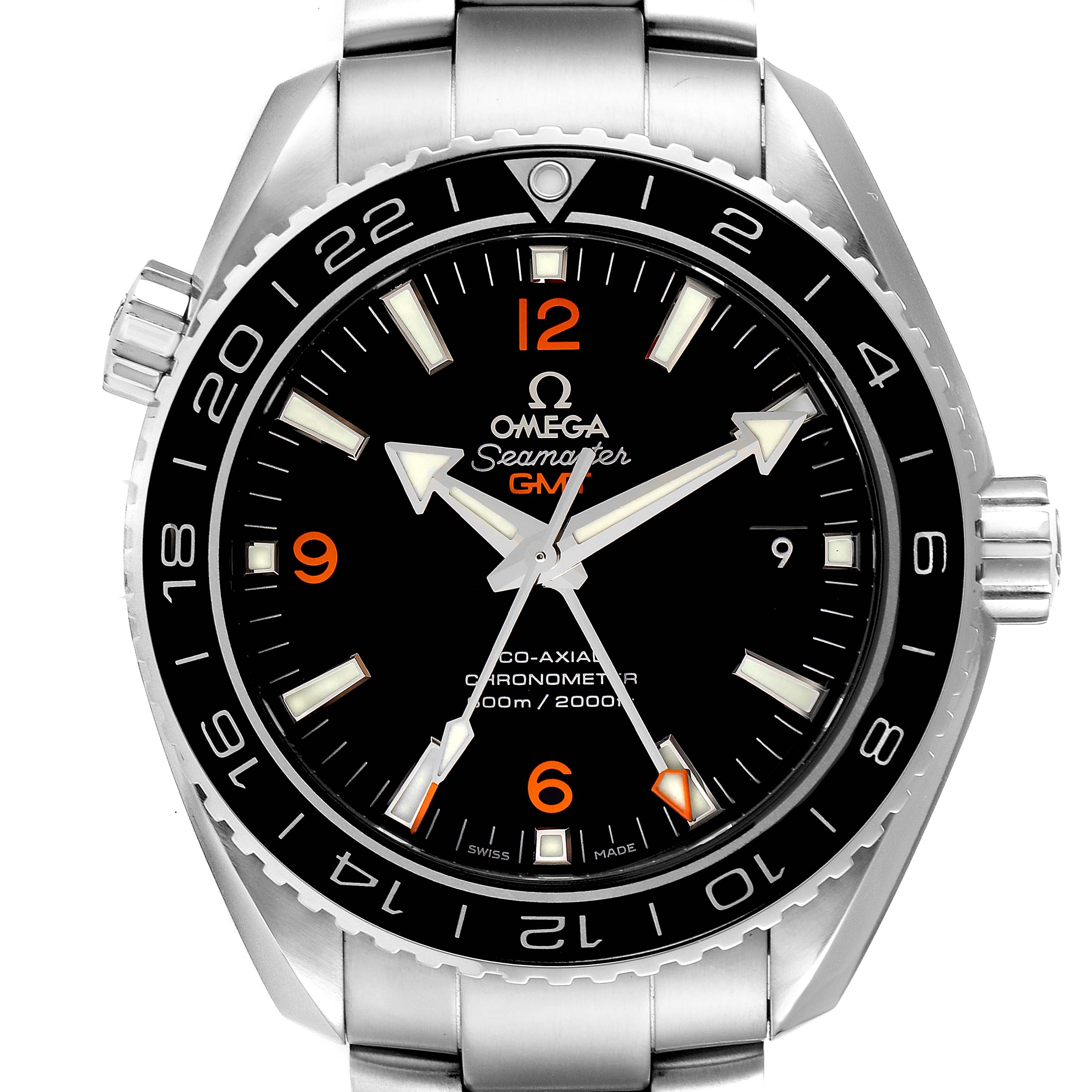The image shows a front view of the Omega Planet Ocean 232.30.44.22.01.002 Men's Stainless Steel Black Dial 232.30.44.22.01.002 Men's Stainless Steel Black Dial model, highlighting the dial, bezel, and bracelet.