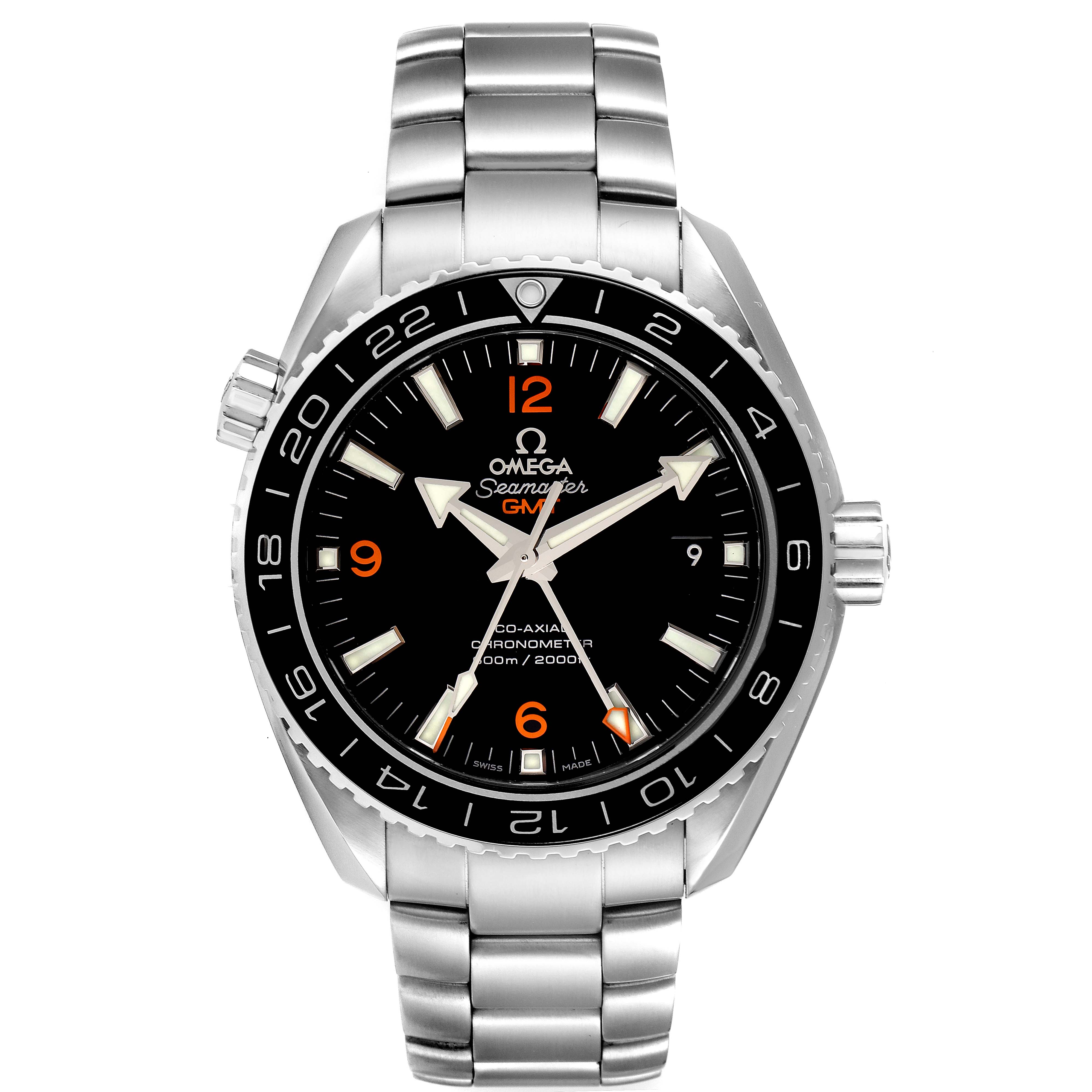 The image shows a front view of the Omega Planet Ocean 232.30.44.22.01.002 Men's Stainless Steel Black Dial 232.30.44.22.01.002 Men's Stainless Steel Black Dial watch with a stainless steel bracelet and black dial.