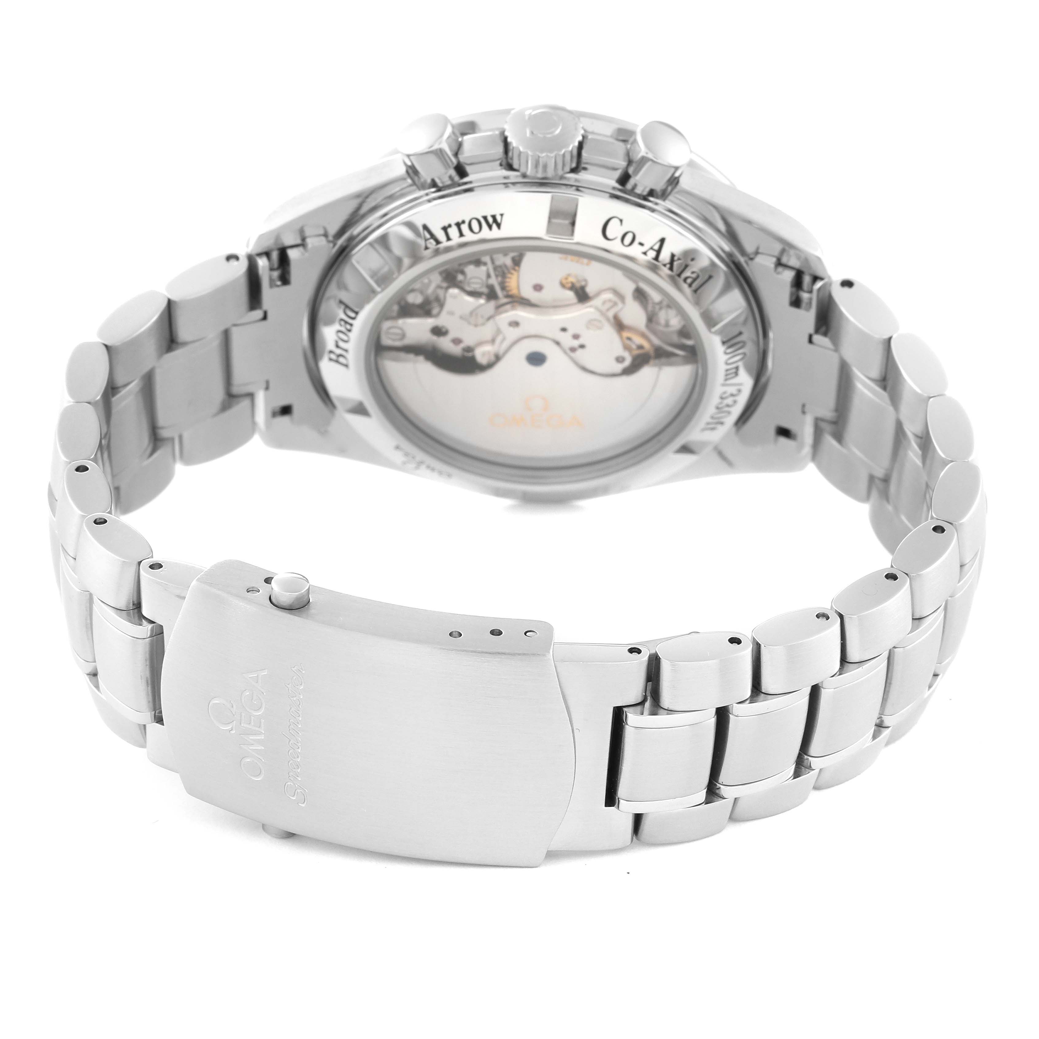 The image shows the back of an Omega Speedmaster 321.10.42.50.02.001 Men
s Stainless Steel Silver Dial 321.10.42.50.02.001 Men
s Stainless Steel Silver Dial watch, highlighting the transparent case back and stainless steel bracelet.