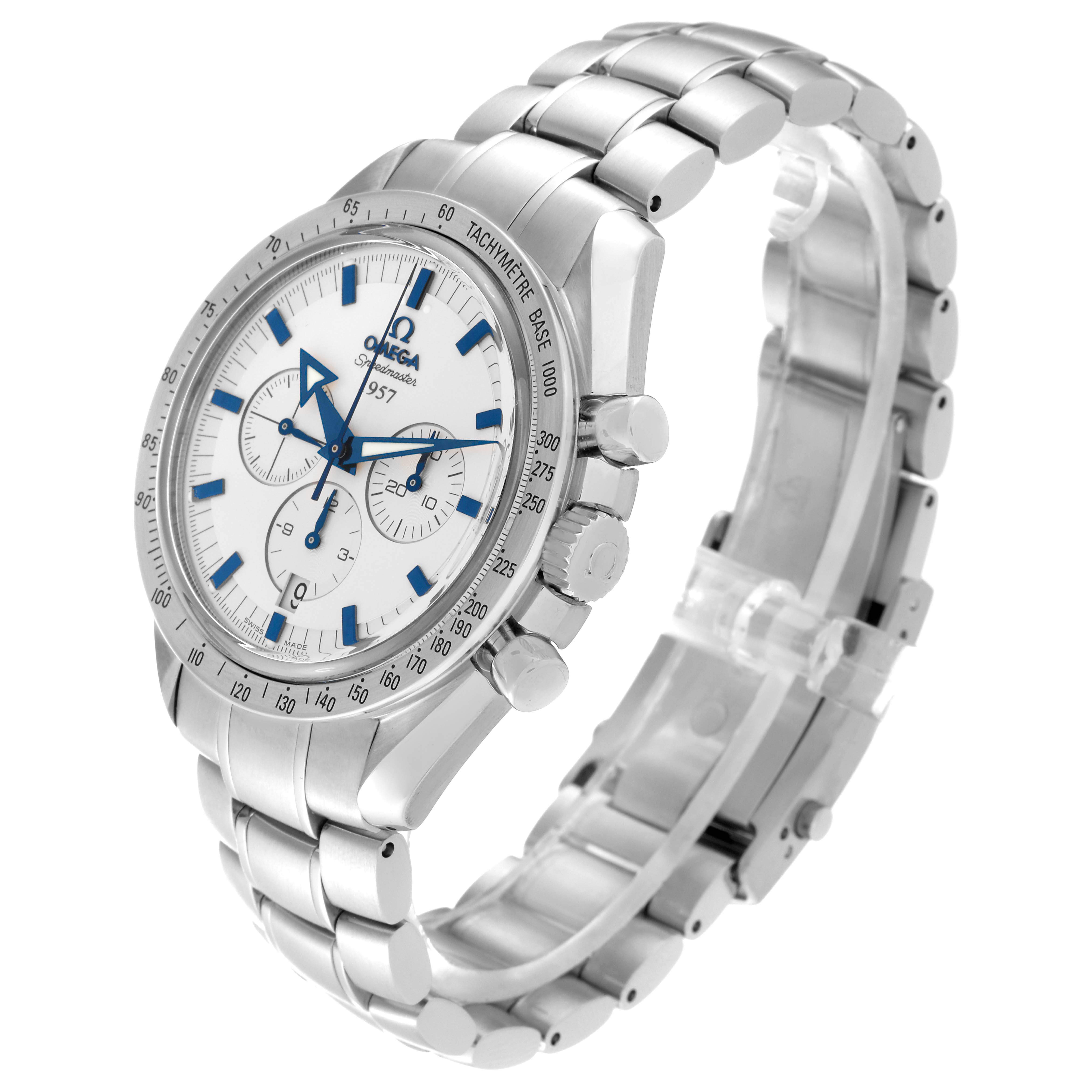 The Omega Speedmaster 321.10.42.50.02.001 Men
s Stainless Steel Silver Dial 321.10.42.50.02.001 Men
s Stainless Steel Silver Dial watch is shown from an angled side view, displaying the dial, bezel, pushers, and bracelet.