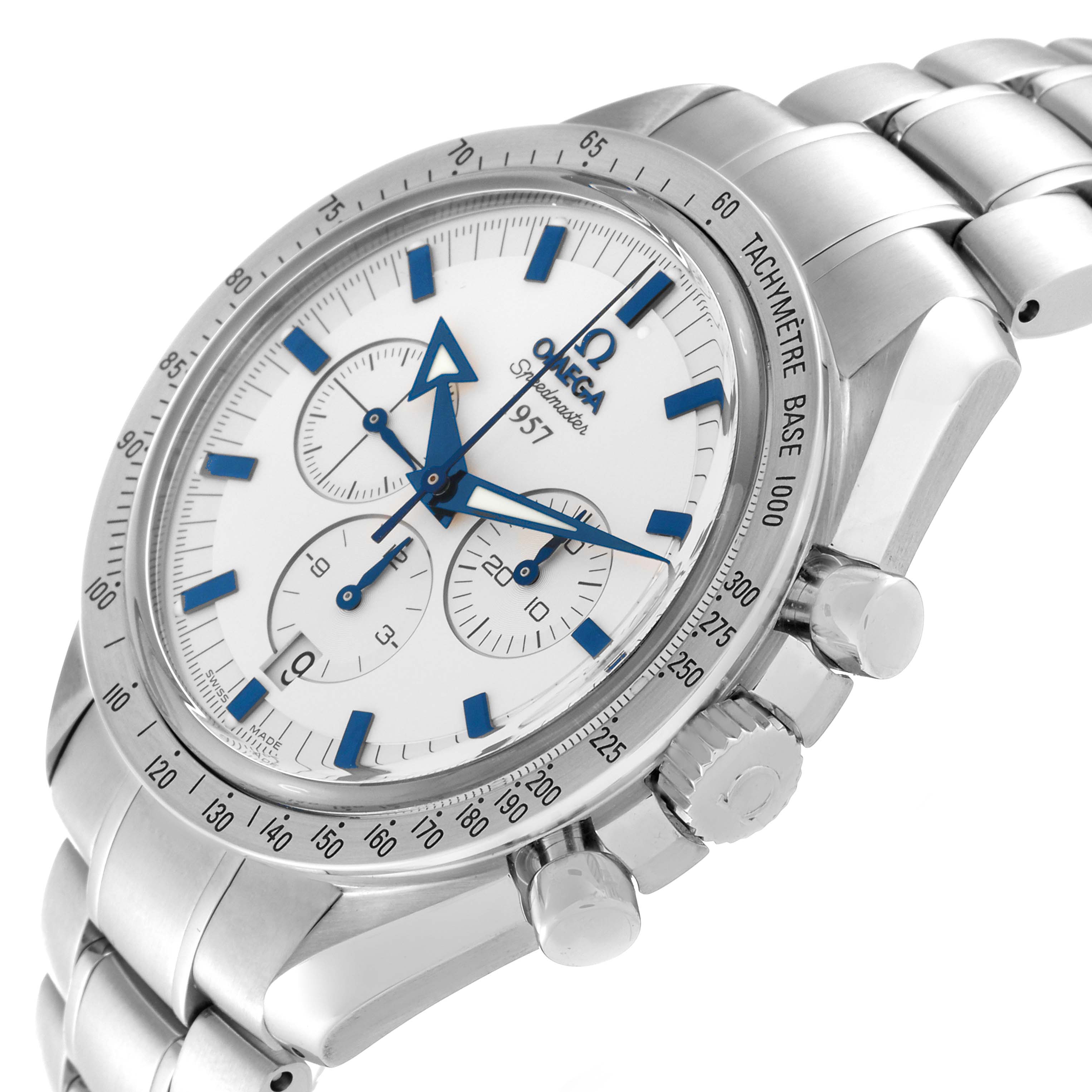 The Omega Speedmaster 321.10.42.50.02.001 Men
s Stainless Steel Silver Dial 321.10.42.50.02.001 Men
s Stainless Steel Silver Dial watch is shown at a slight angle, displaying the dial, crown, pushers, and part of the bracelet.