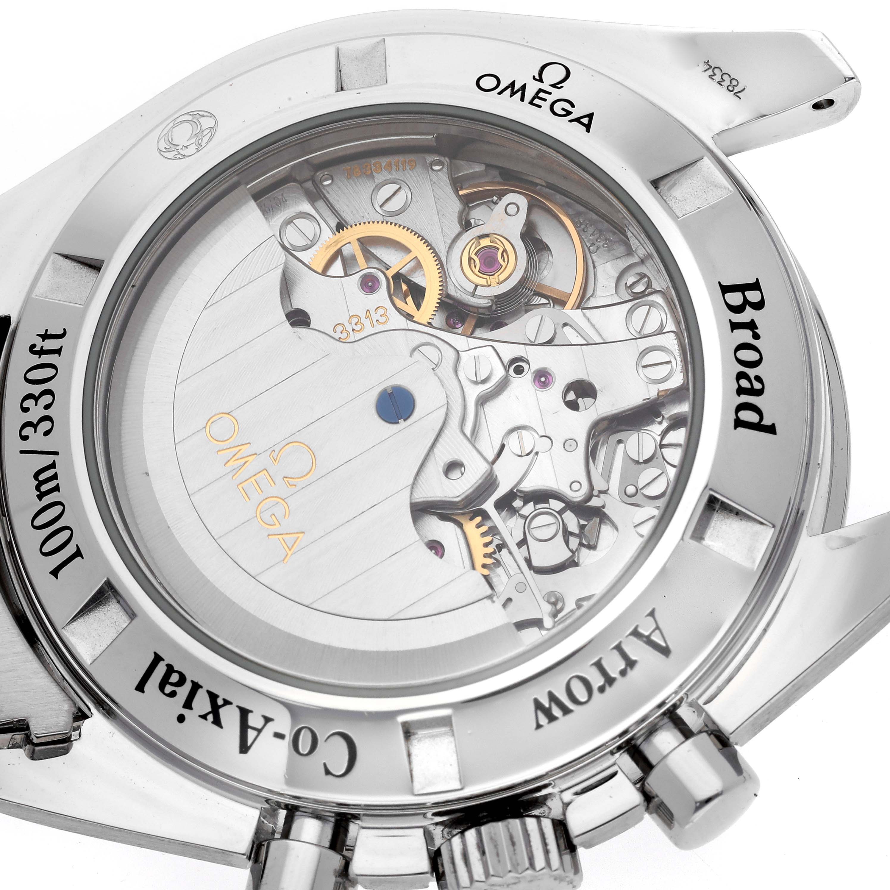 The image shows the open case back of an Omega Speedmaster 321.10.42.50.02.001 Men
s Stainless Steel Silver Dial 321.10.42.50.02.001 Men
s Stainless Steel Silver Dial, revealing its internal mechanical movement.