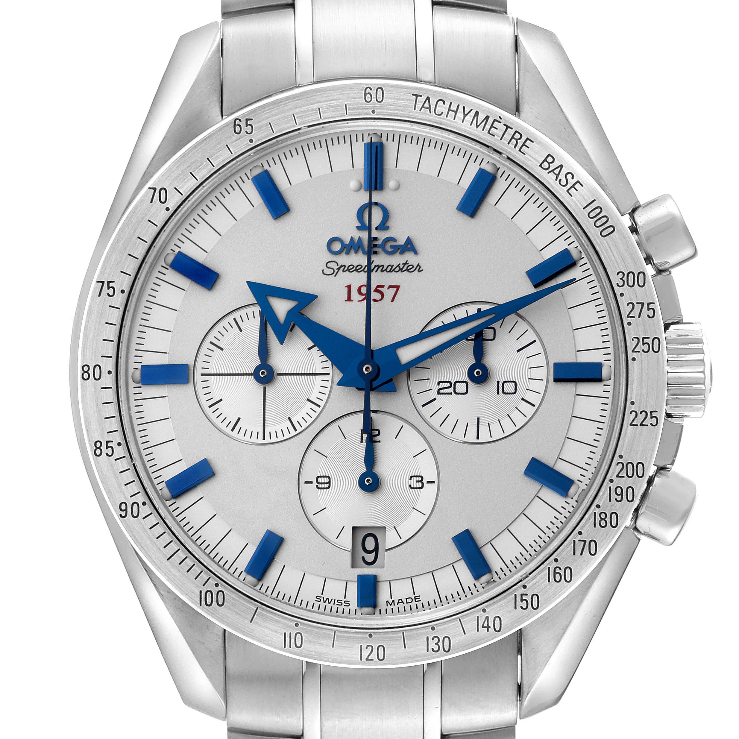This is a front view of an Omega Speedmaster 321.10.42.50.02.001 Men
s Stainless Steel Silver Dial 321.10.42.50.02.001 Men
s Stainless Steel Silver Dial watch, displaying its dial, hands, subdials, tachymeter, and part of the bracelet.