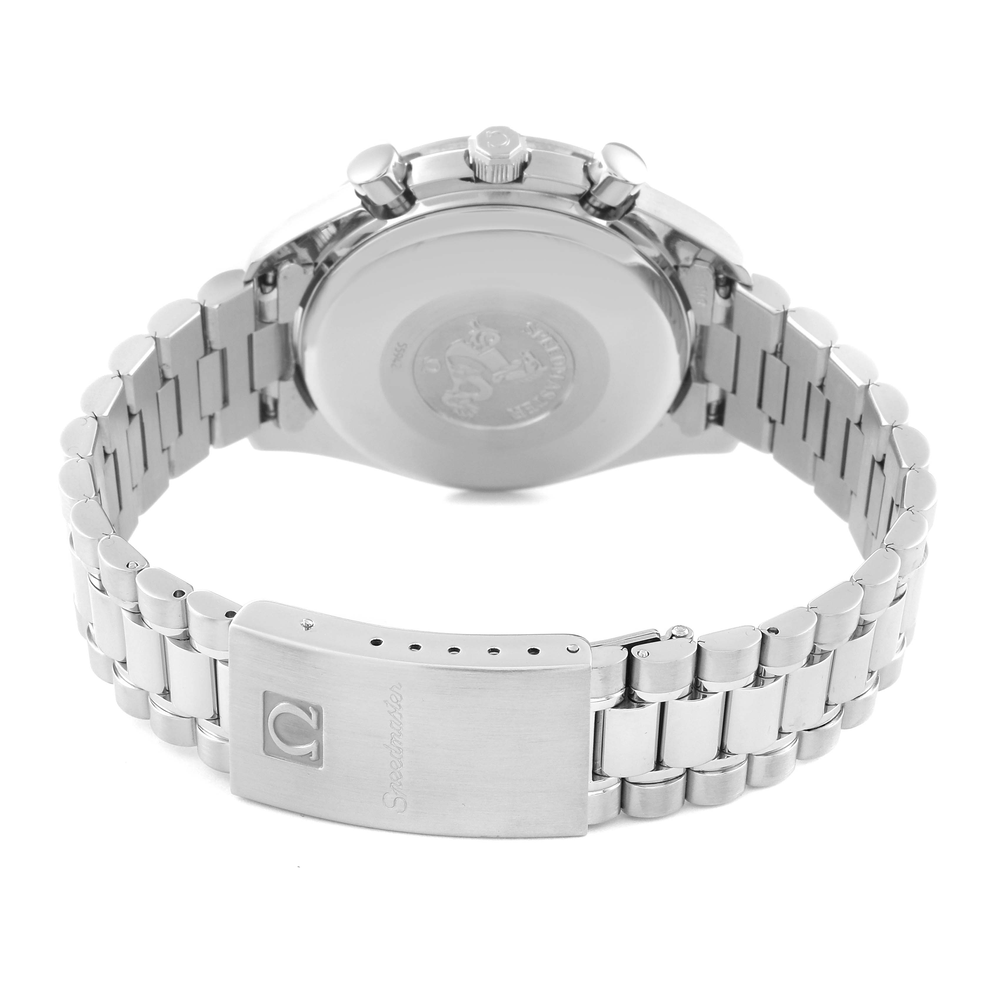 The image shows the back view of the Omega Speedmaster 3523.80.00 Men
s Stainless Steel Blue Dial 3523.80.00 Men
s Stainless Steel Blue Dial watch, highlighting its bracelet and clasp.