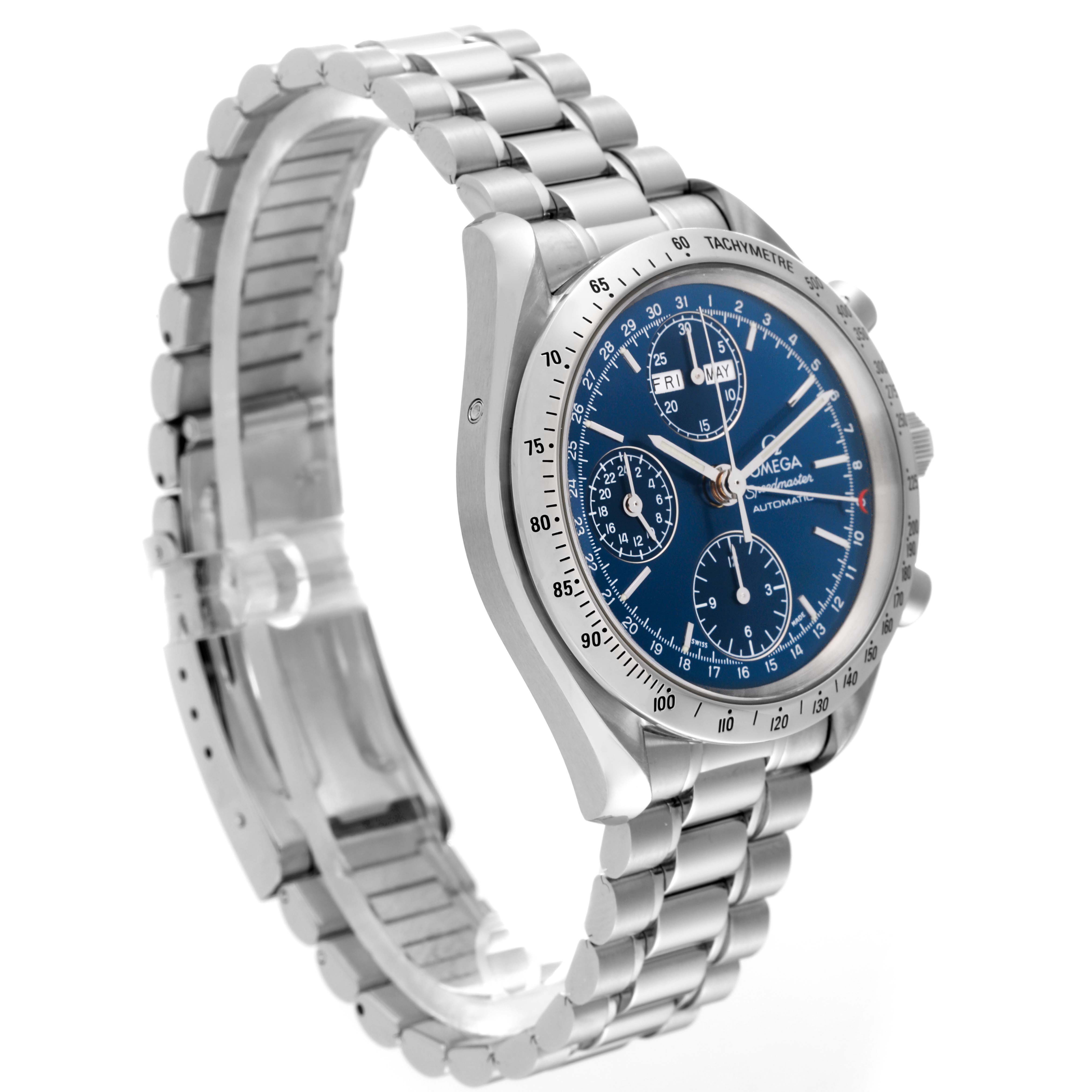 The Omega Speedmaster 3523.80.00 Men
s Stainless Steel Blue Dial 3523.80.00 Men
s Stainless Steel Blue Dial watch is shown at a three-quarter angle, highlighting its face, bracelet, and tachymeter bezel.