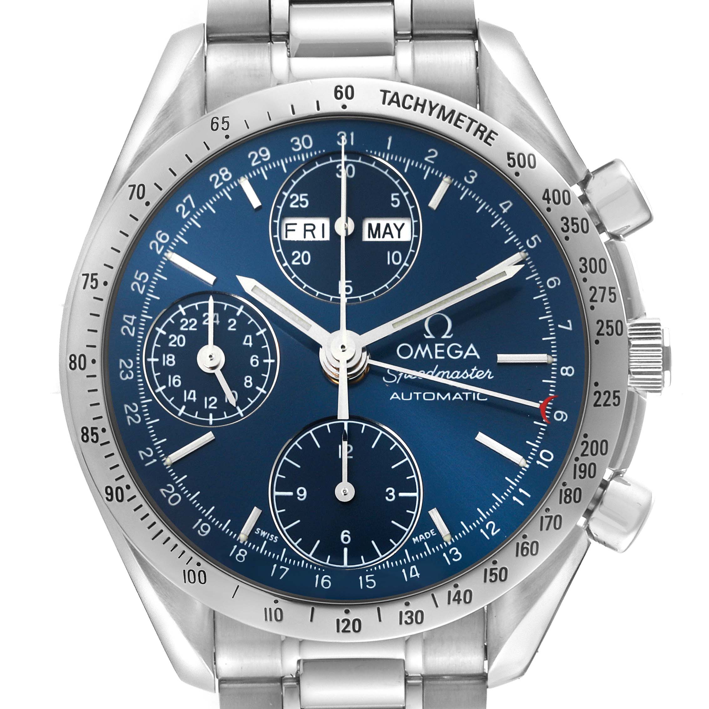 The image shows the Omega Speedmaster 3523.80.00 Men
s Stainless Steel Blue Dial 3523.80.00 Men
s Stainless Steel Blue Dial watch face, capturing the dial, tachymeter bezel, day-date display, and sub-dials.