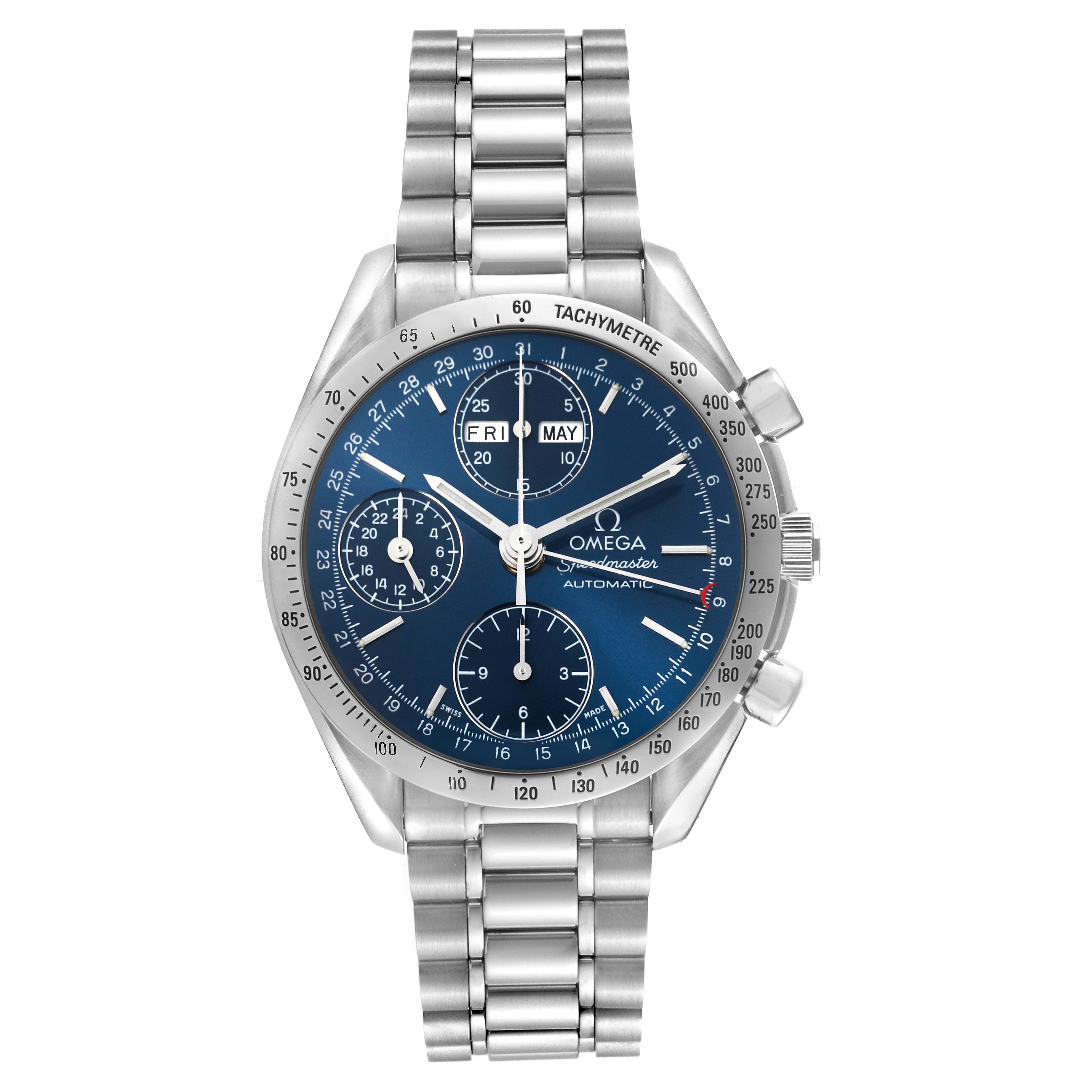 The Omega Speedmaster 3523.80.00 Men
s Stainless Steel Blue Dial 3523.80.00 Men
s Stainless Steel Blue Dial watch is shown from a straight-on angle, displaying the face, bezel, and bracelet.