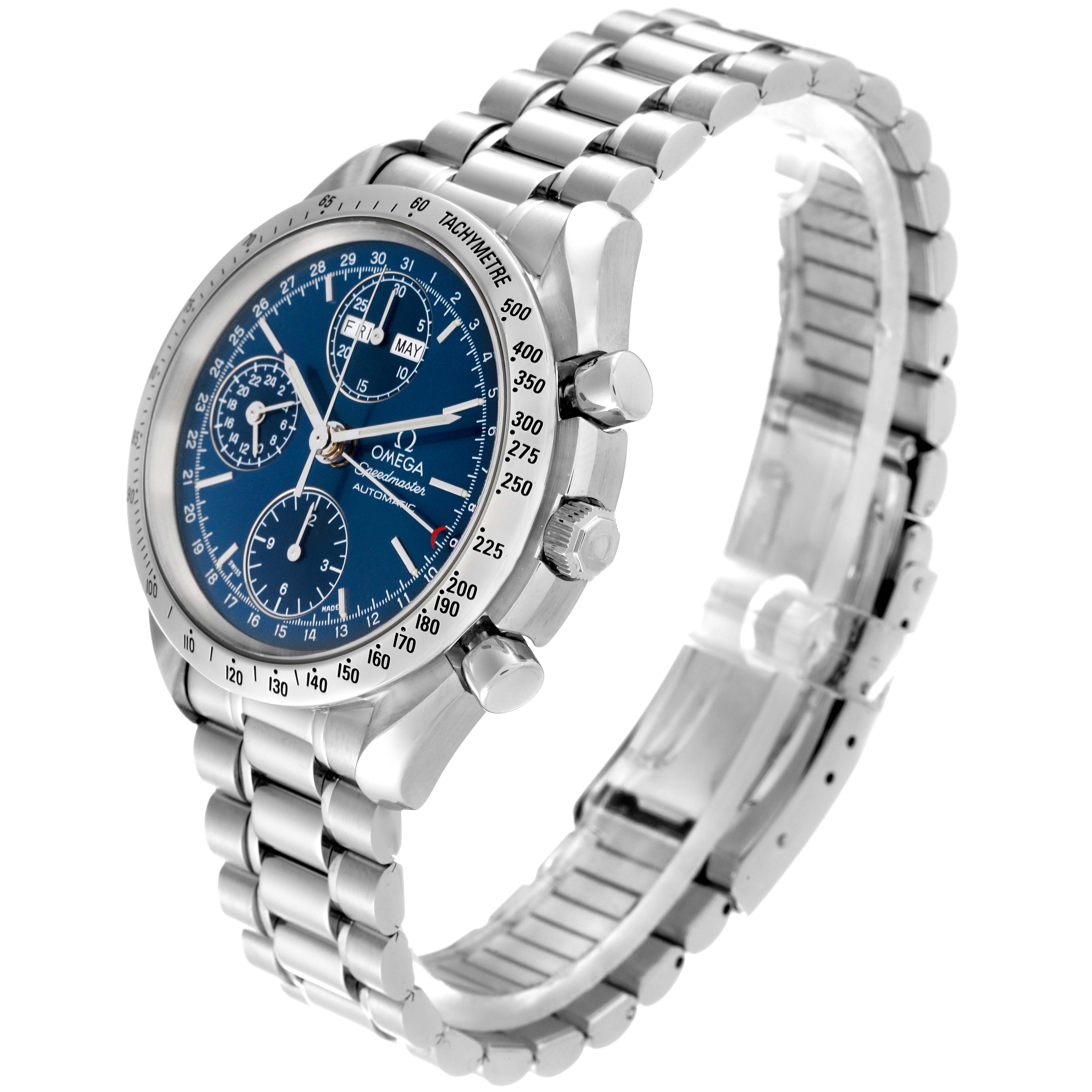 The image shows an Omega Speedmaster 3523.80.00 Men
s Stainless Steel Blue Dial 3523.80.00 Men
s Stainless Steel Blue Dial watch from a 3/4 angle, highlighting the face, bezel, bracelet, and pushers.