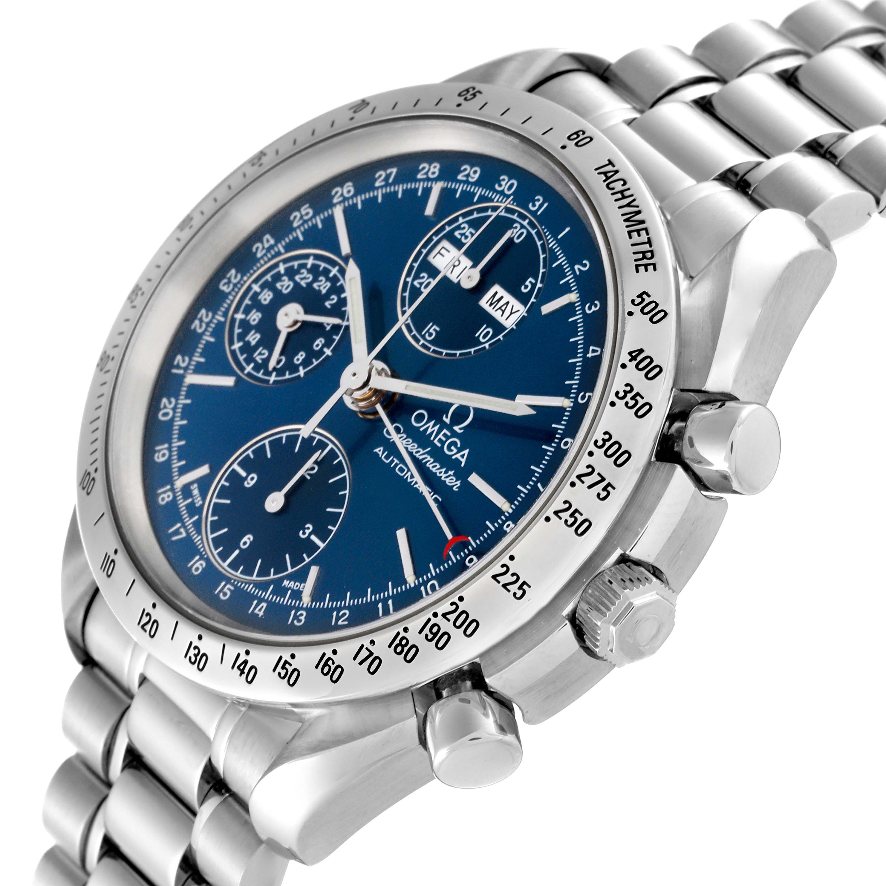 The Omega Speedmaster 3523.80.00 Men
s Stainless Steel Blue Dial 3523.80.00 Men
s Stainless Steel Blue Dial watch is shown from an angled side view, highlighting its blue dial, chronograph subdials, and stainless steel bracelet.