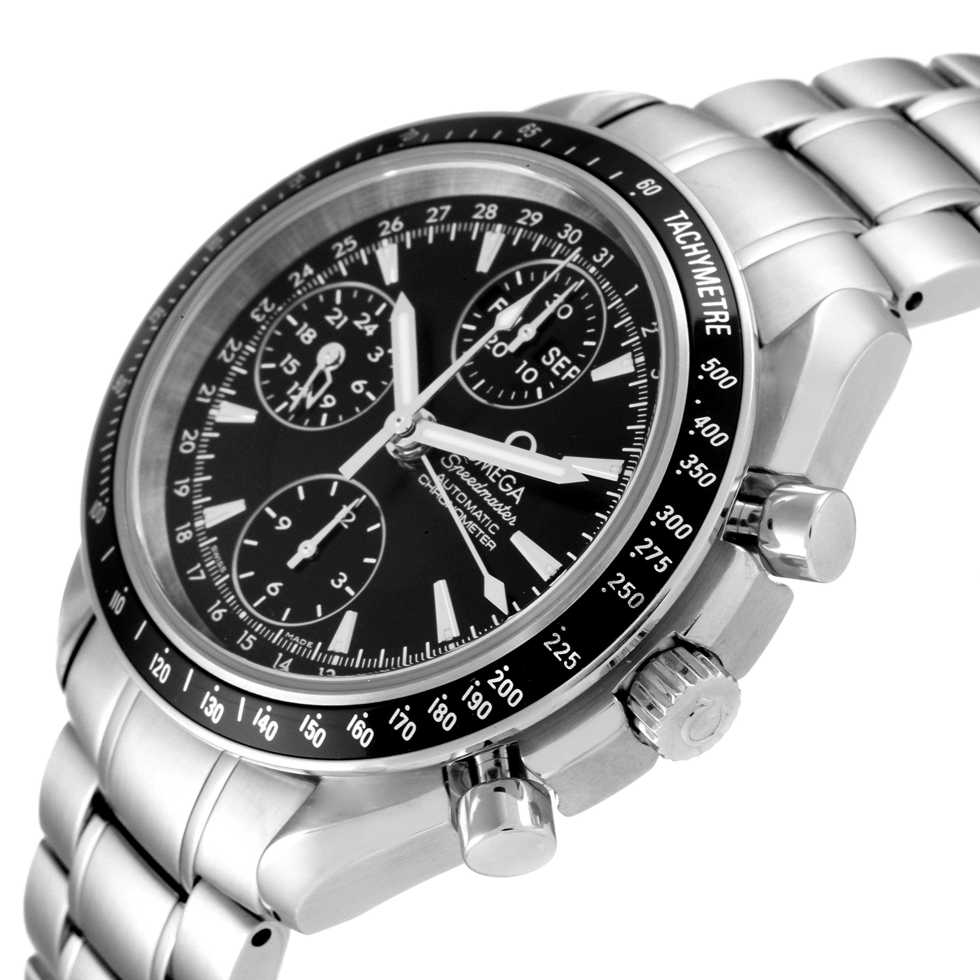 The image shows a side angle of an Omega Speedmaster 3220.50.00 Men
s Stainless Steel Black Dial 3220.50.00 Men
s Stainless Steel Black Dial watch, highlighting its stainless steel case, dial, bezel, and pushers.