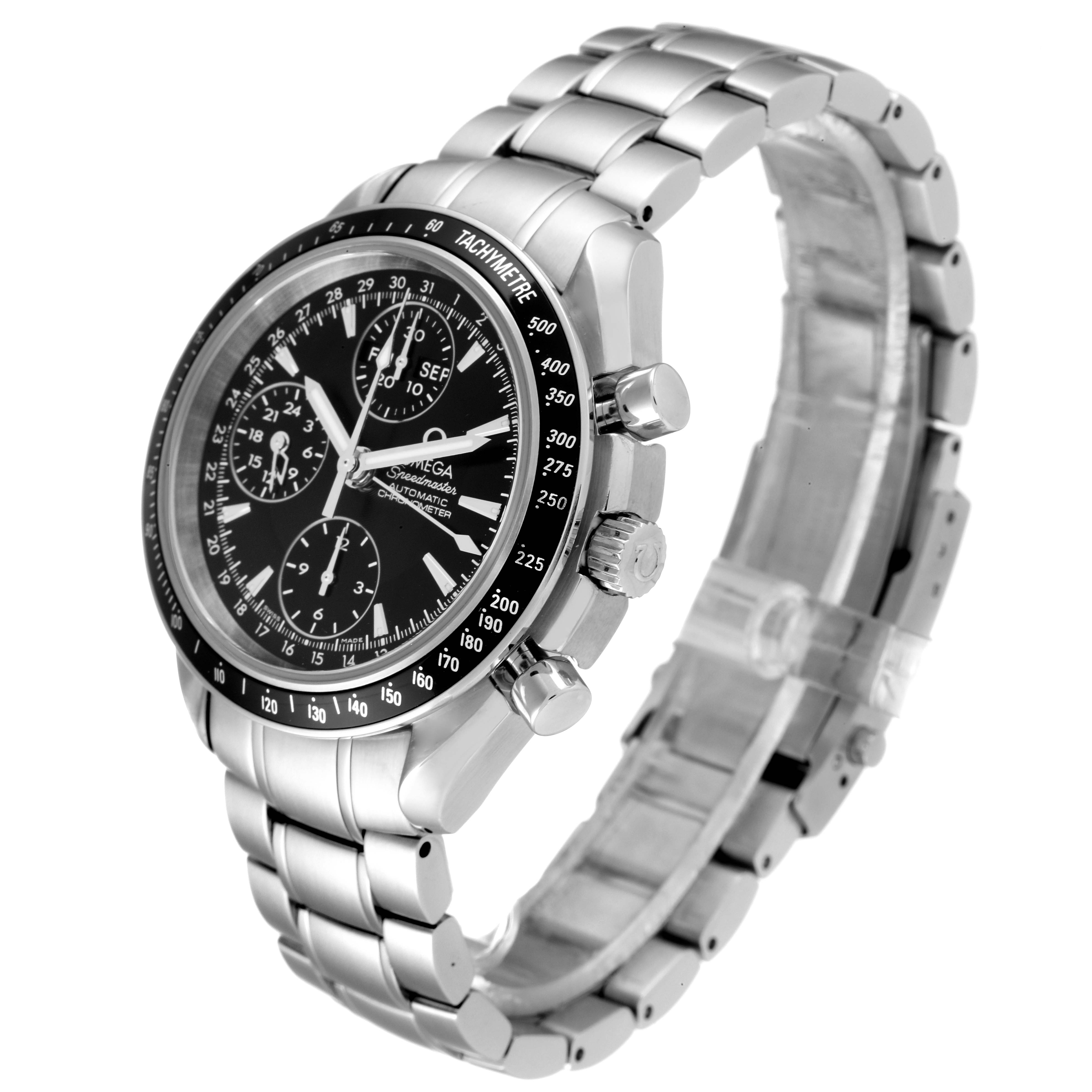 The Omega Speedmaster 3220.50.00 Men
s Stainless Steel Black Dial 3220.50.00 Men
s Stainless Steel Black Dial watch is shown at a slight side angle, highlighting the face, bezel, crown, pushers, and bracelet.