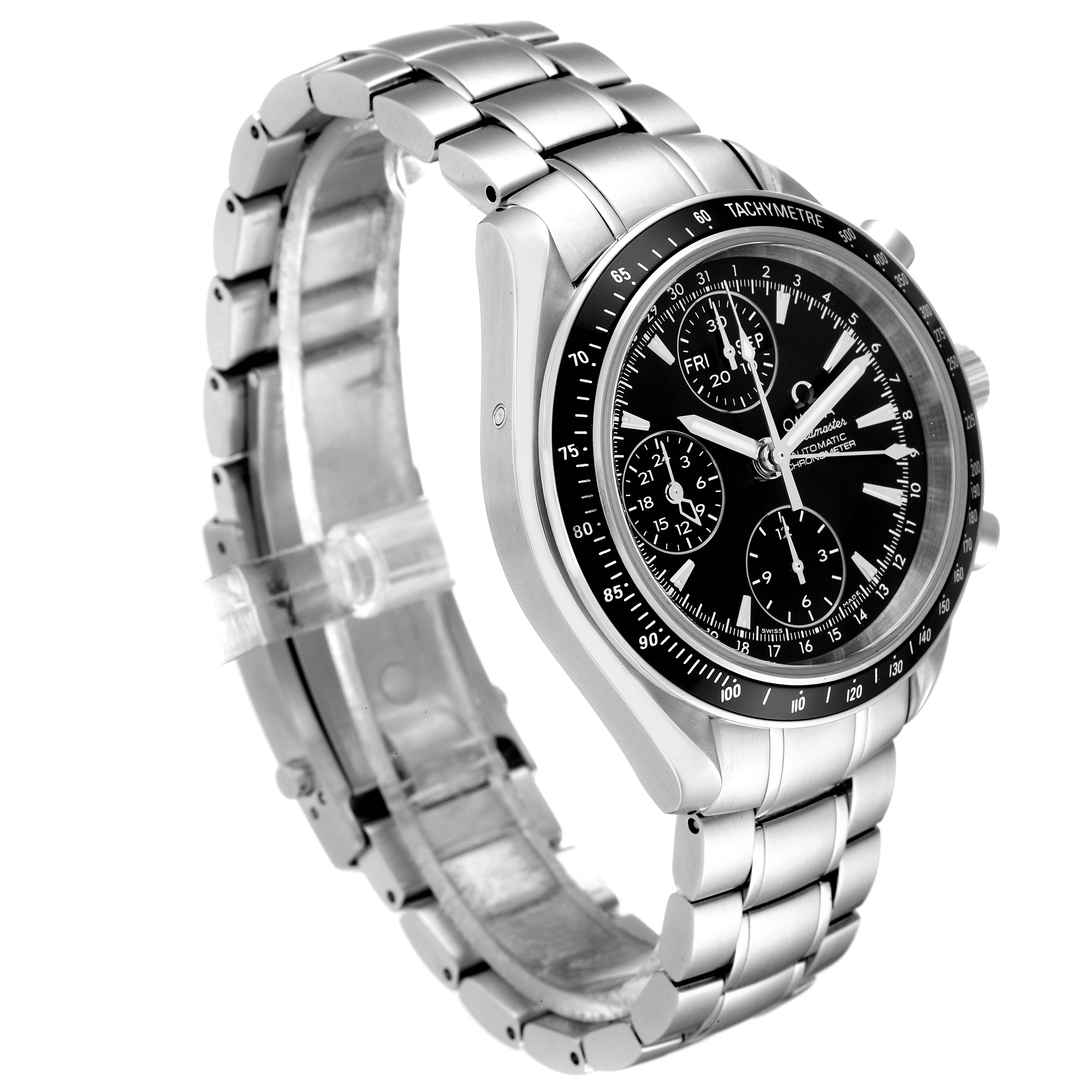 The image shows an angled side view of an Omega Speedmaster 3220.50.00 Men
s Stainless Steel Black Dial 3220.50.00 Men
s Stainless Steel Black Dial watch, highlighting the stainless steel band, black dial, and tachymeter bezel.