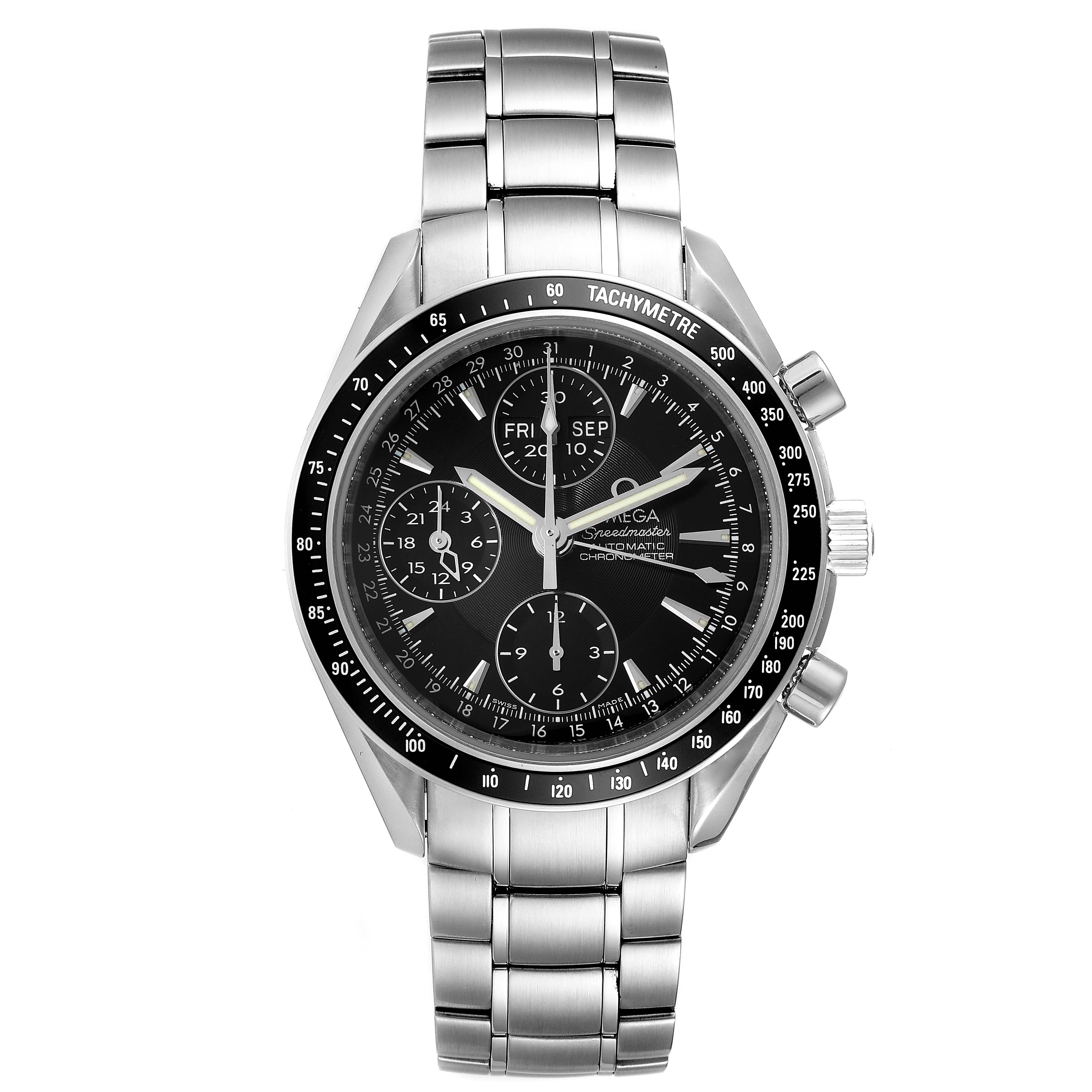 The image shows a front view of an Omega Speedmaster 3220.50.00 Men
s Stainless Steel Black Dial 3220.50.00 Men
s Stainless Steel Black Dial watch, displaying its face, dial, bezel, and metal bracelet.