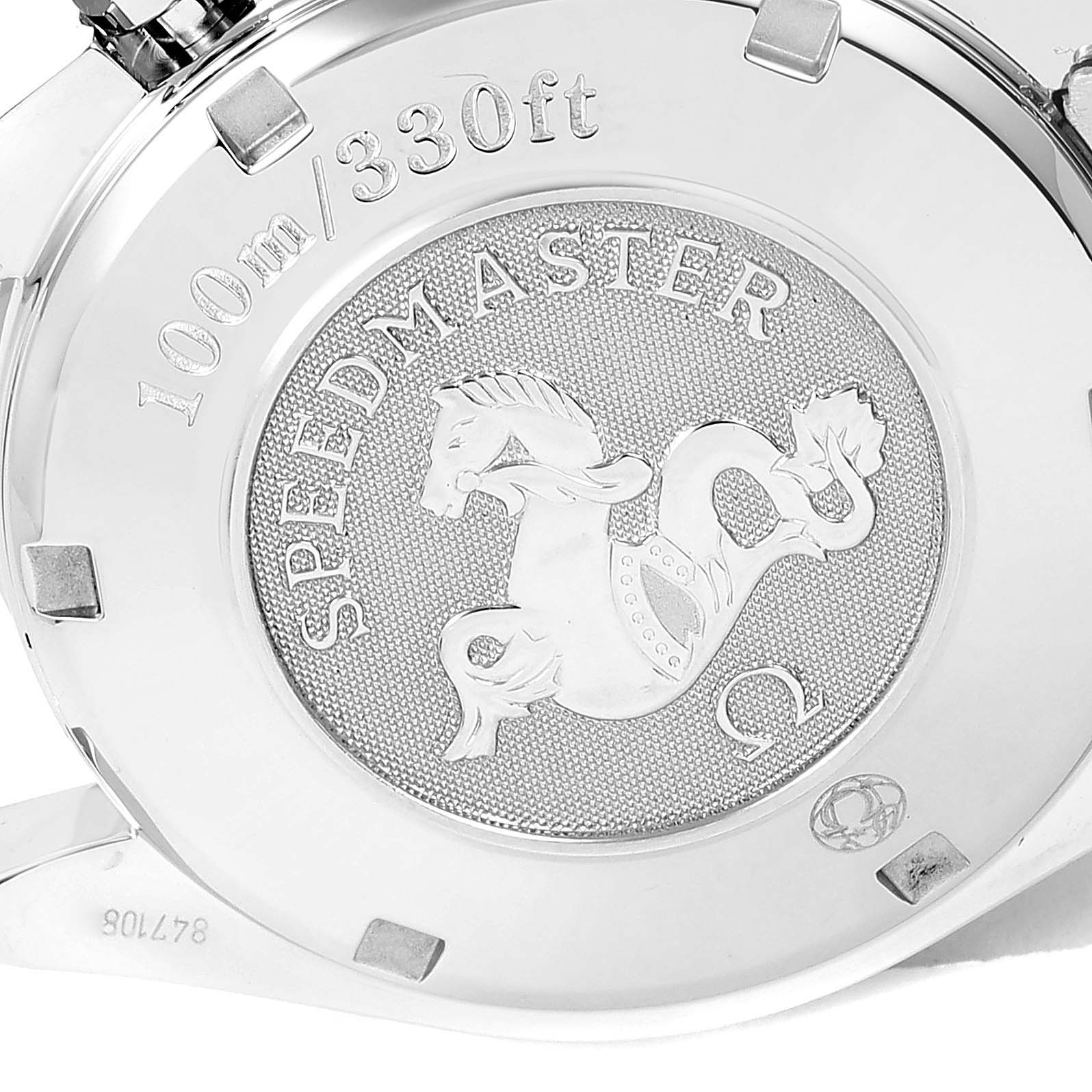 The image shows the case back of the Omega Speedmaster 3220.50.00 Men
s Stainless Steel Black Dial 3220.50.00 Men
s Stainless Steel Black Dial watch, featuring its logo and water resistance details.