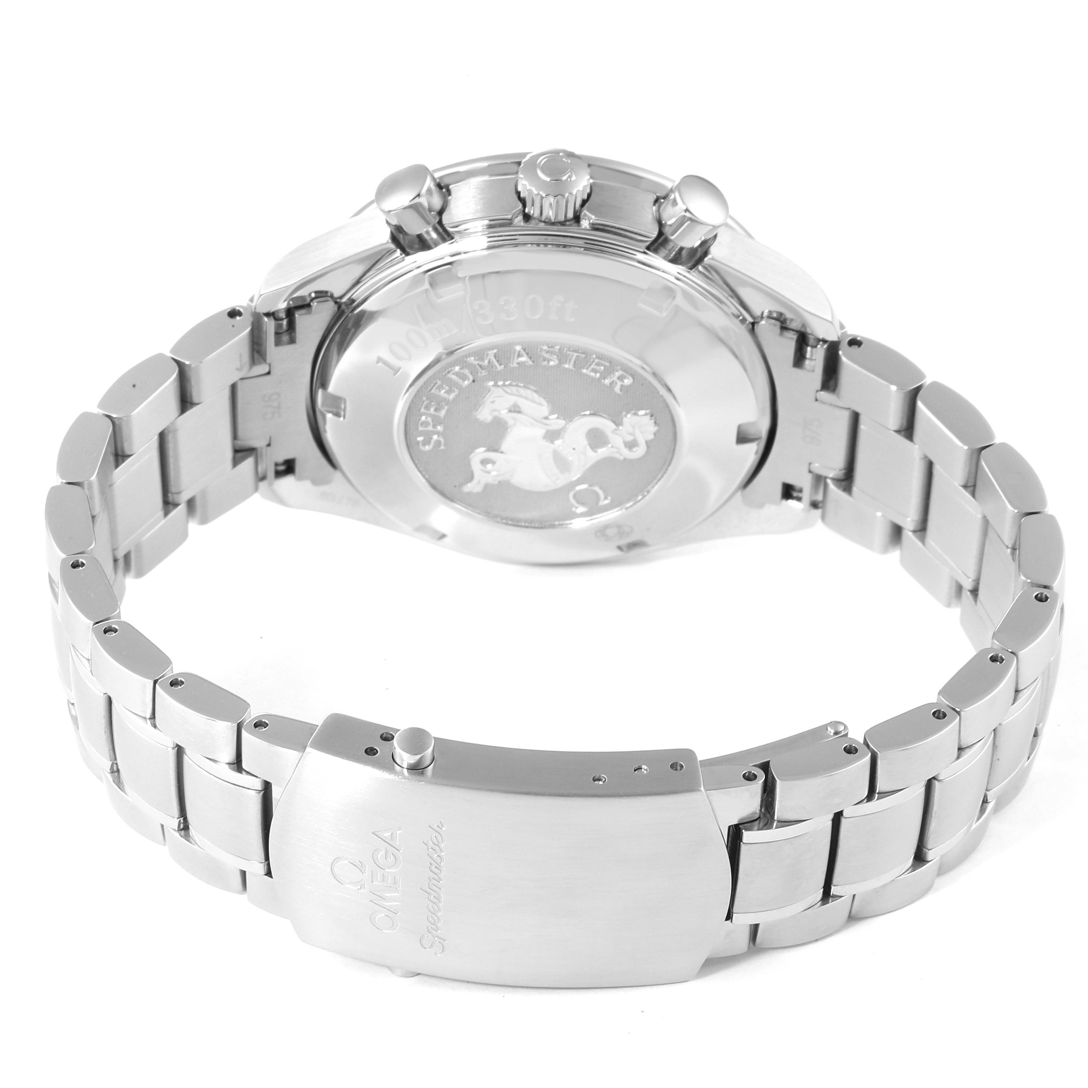 The image shows the back case and bracelet of an Omega Speedmaster 3220.50.00 Men
s Stainless Steel Black Dial 3220.50.00 Men
s Stainless Steel Black Dial watch, highlighting the case back engraving and clasp.