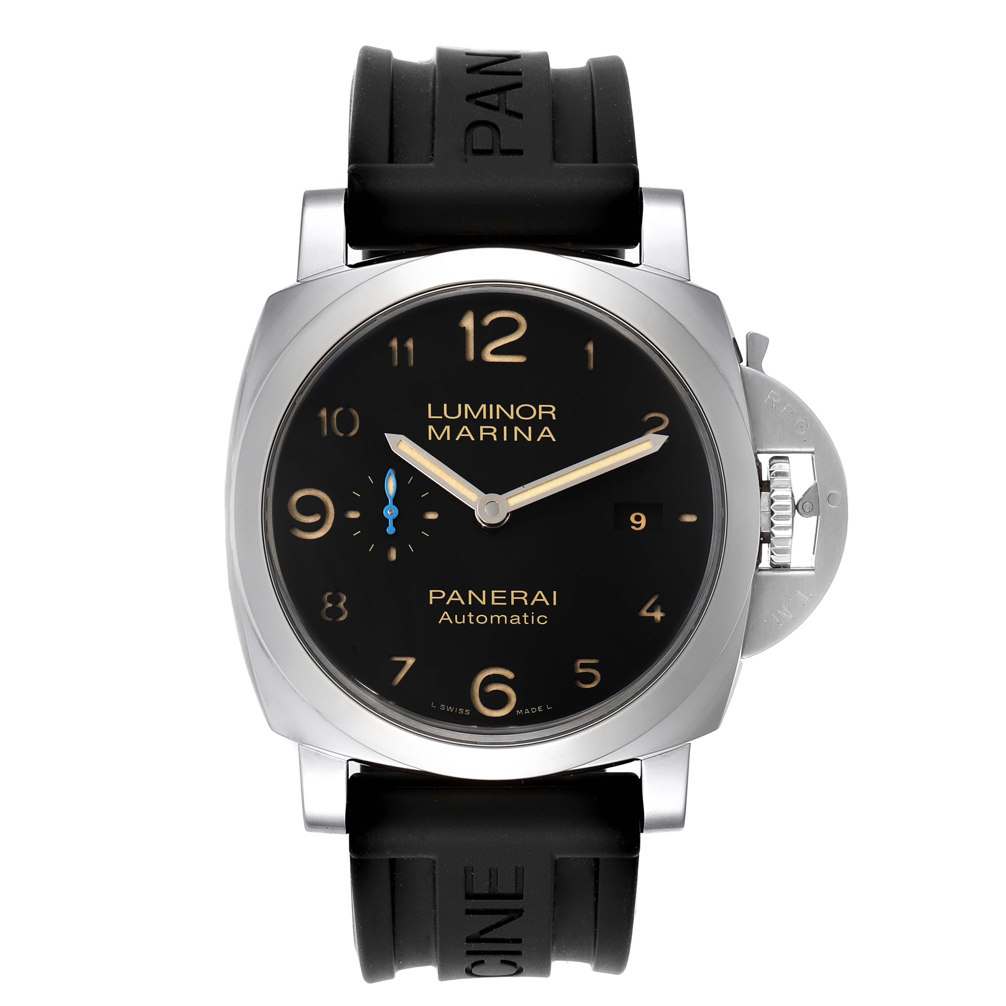 The image shows a front view of a Panerai Luminor PAM01359 Men's Stainless Steel Black Dial PAM01359 Men's Stainless Steel Black Dial Marina watch with a black dial and rubber strap.
