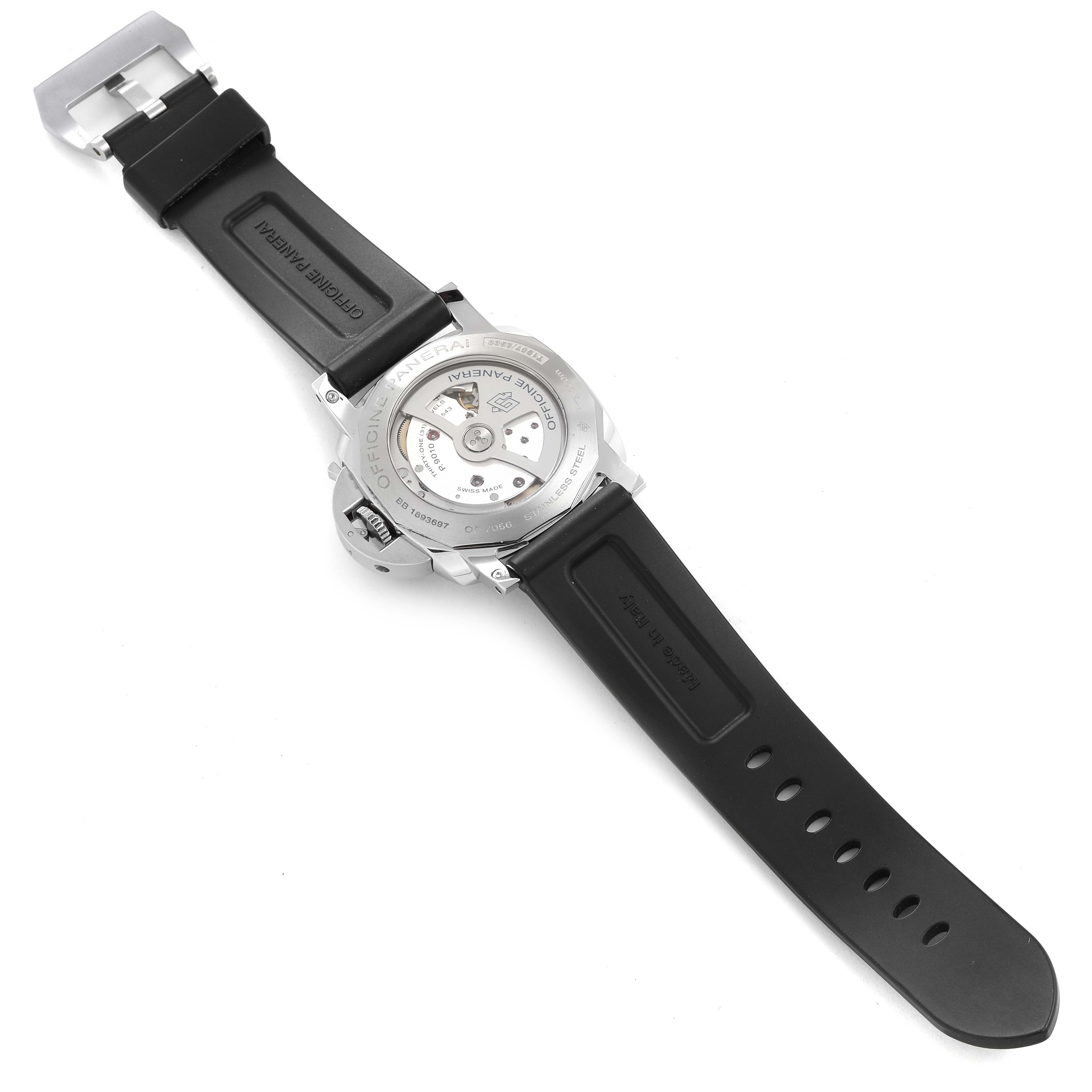 The image shows the back view of a Panerai Luminor PAM01359 Men's Stainless Steel Black Dial PAM01359 Men's Stainless Steel Black Dial model watch, highlighting its open case back and black rubber strap.