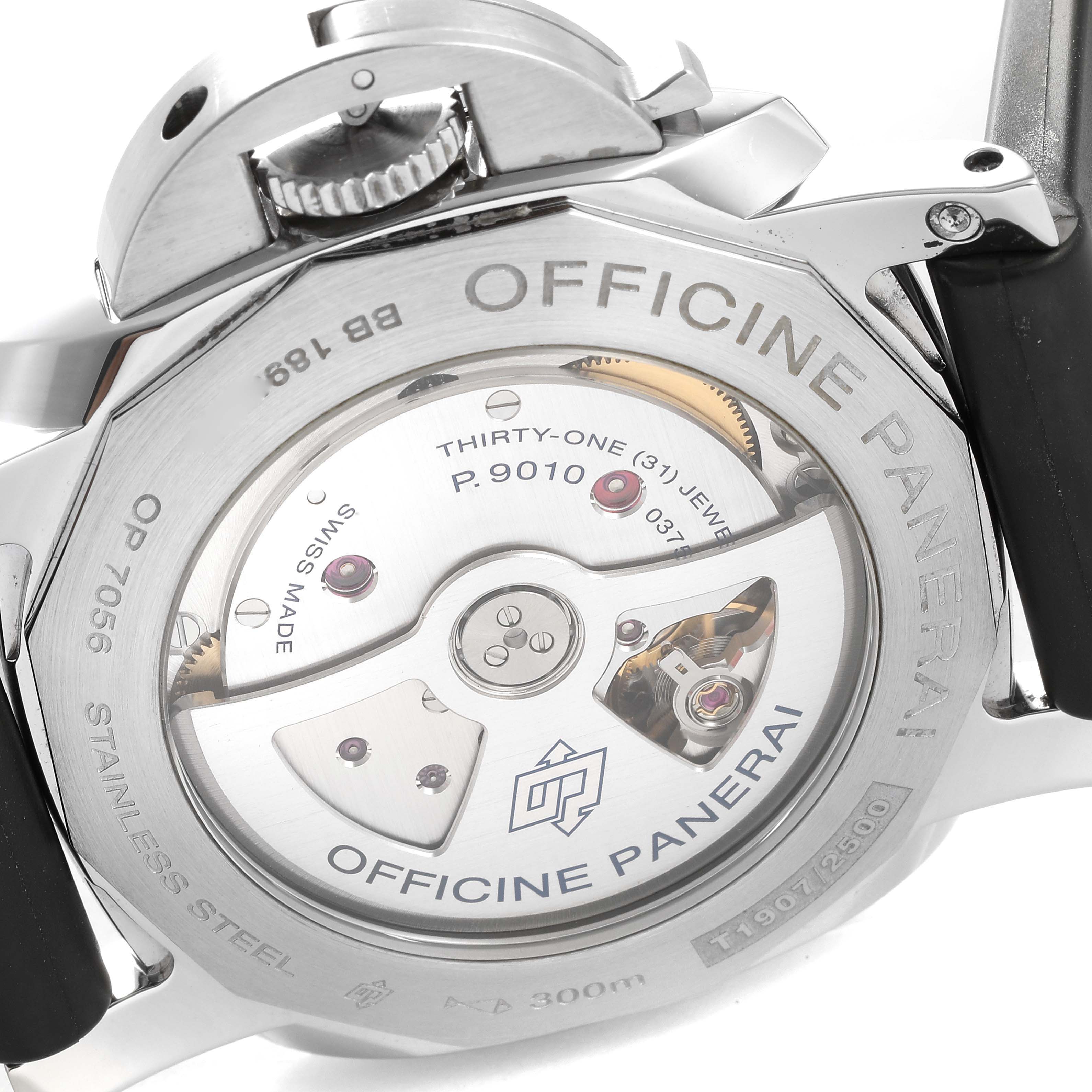 The image shows the back of a Panerai Luminor PAM01359 Men's Stainless Steel Black Dial PAM01359 Men's Stainless Steel Black Dial watch, highlighting its open case back and movement details.