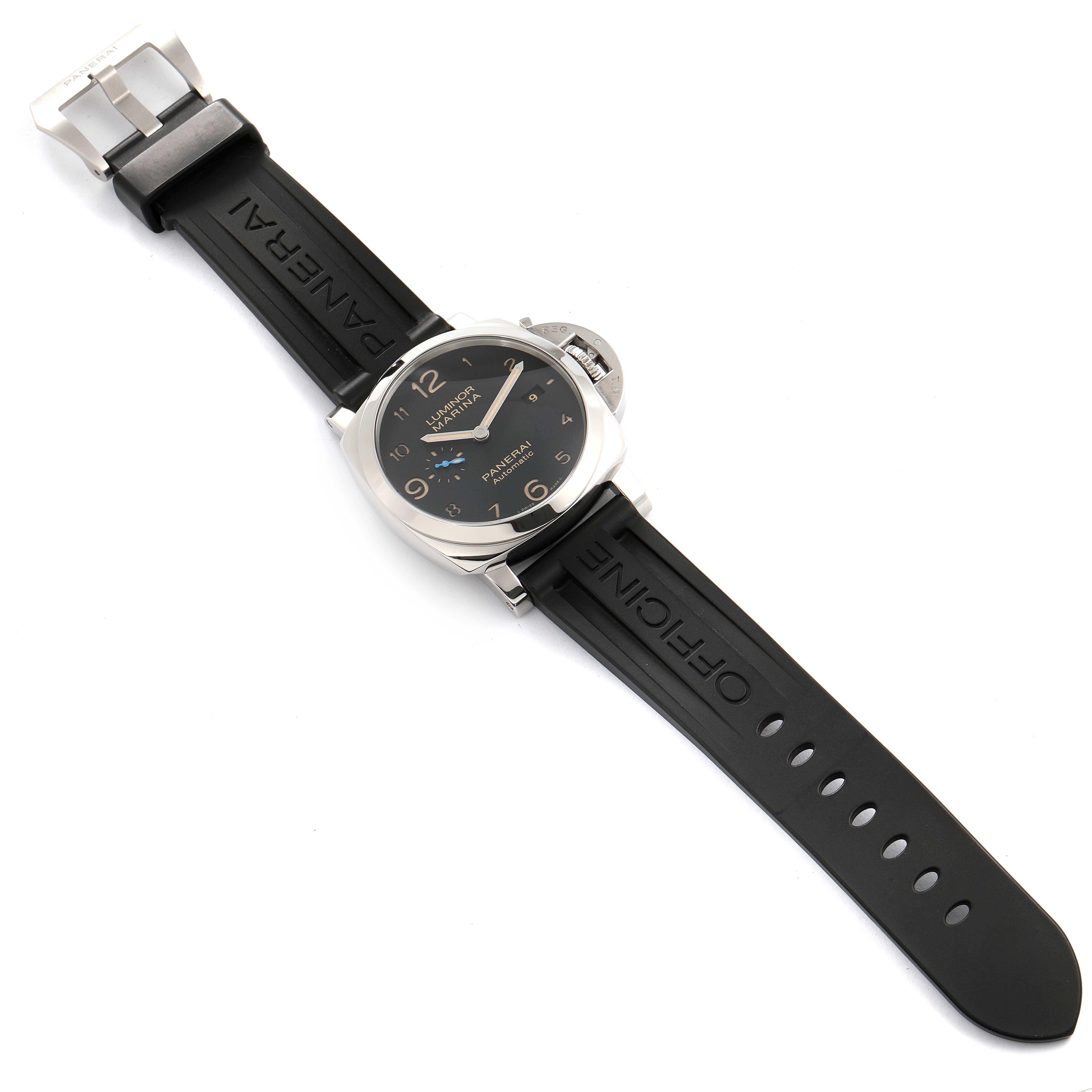 This image shows a top-down angle of a Panerai Luminor PAM01359 Men's Stainless Steel Black Dial PAM01359 Men's Stainless Steel Black Dial watch with its black strap and buckle visible.