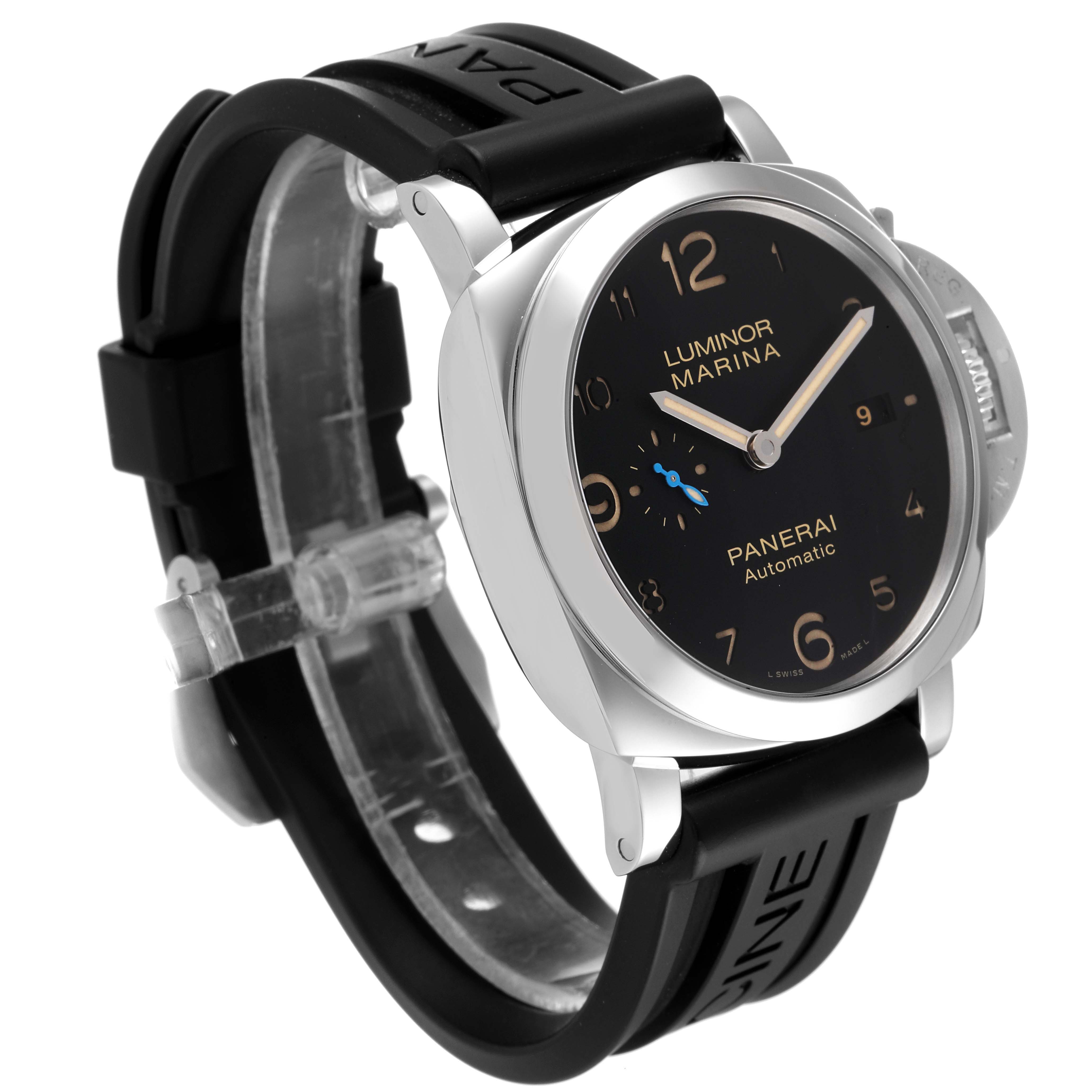 The image shows a Panerai Luminor PAM01359 Men's Stainless Steel Black Dial PAM01359 Men's Stainless Steel Black Dial Marina watch at an angled view with its face, band, and crown guard visible.