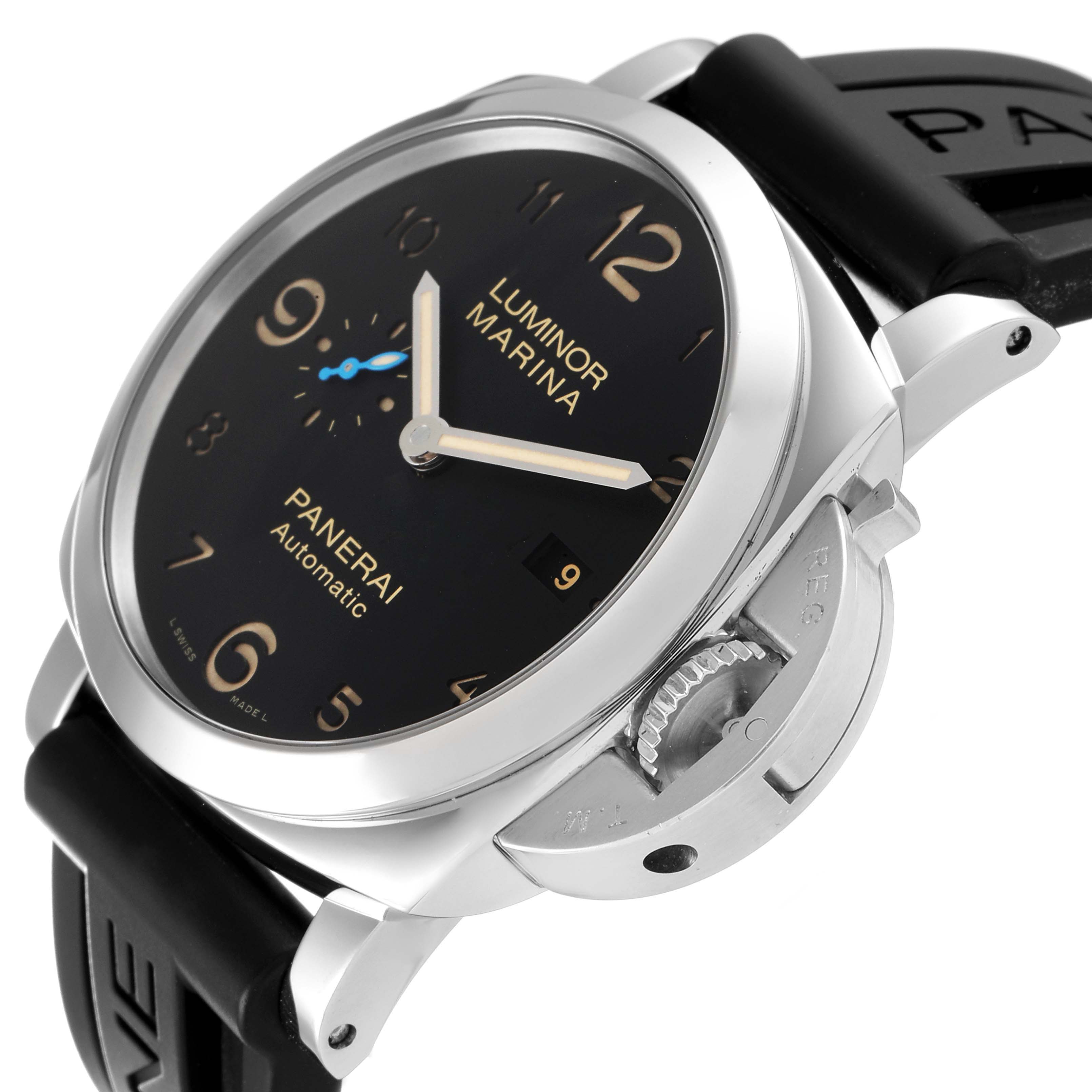 This Panerai Luminor PAM01359 Men's Stainless Steel Black Dial PAM01359 Men's Stainless Steel Black Dial Marina watch is displayed from an angle showcasing the dial, case, crown guard, and part of the strap.