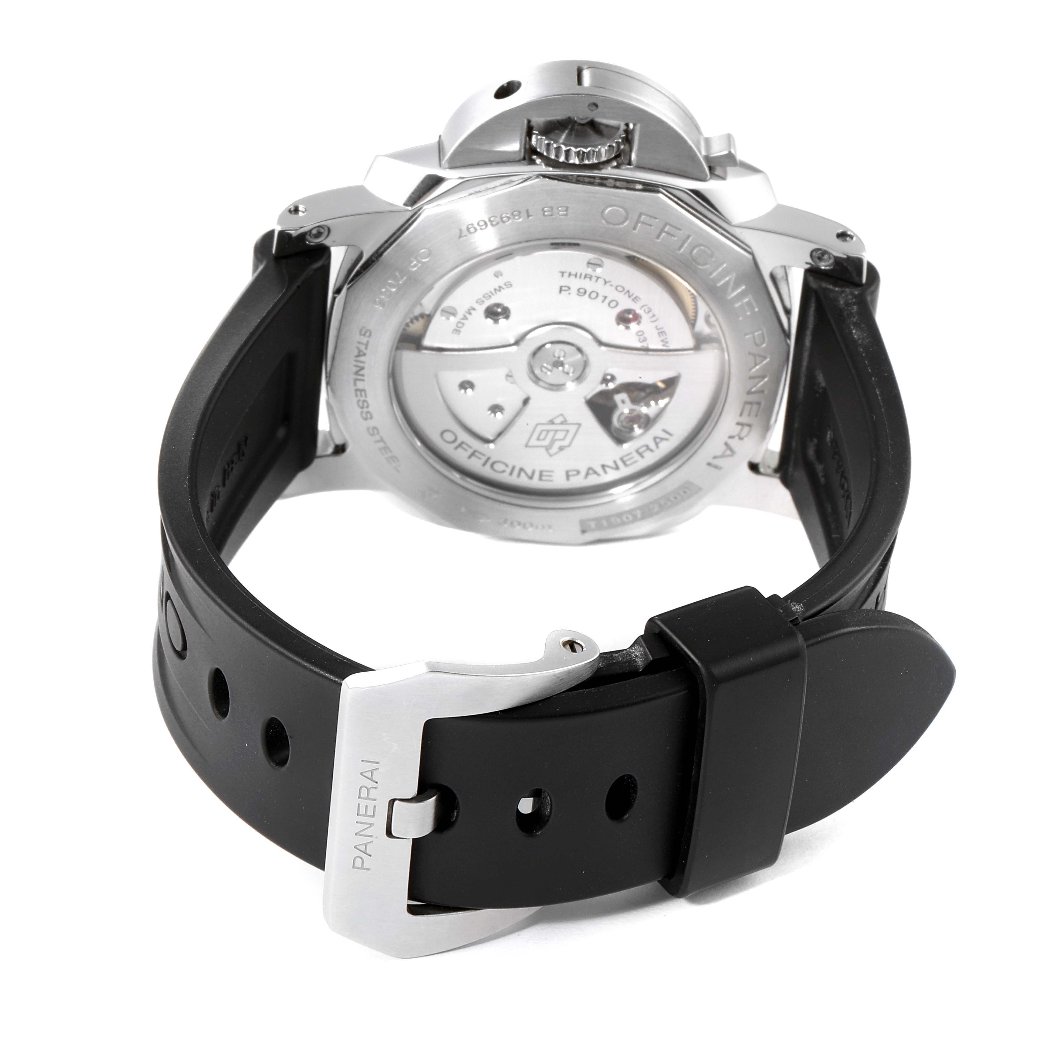 The image shows the back view of a Panerai Luminor PAM01359 Men's Stainless Steel Black Dial PAM01359 Men's Stainless Steel Black Dial watch, highlighting its black strap, buckle, and transparent caseback.