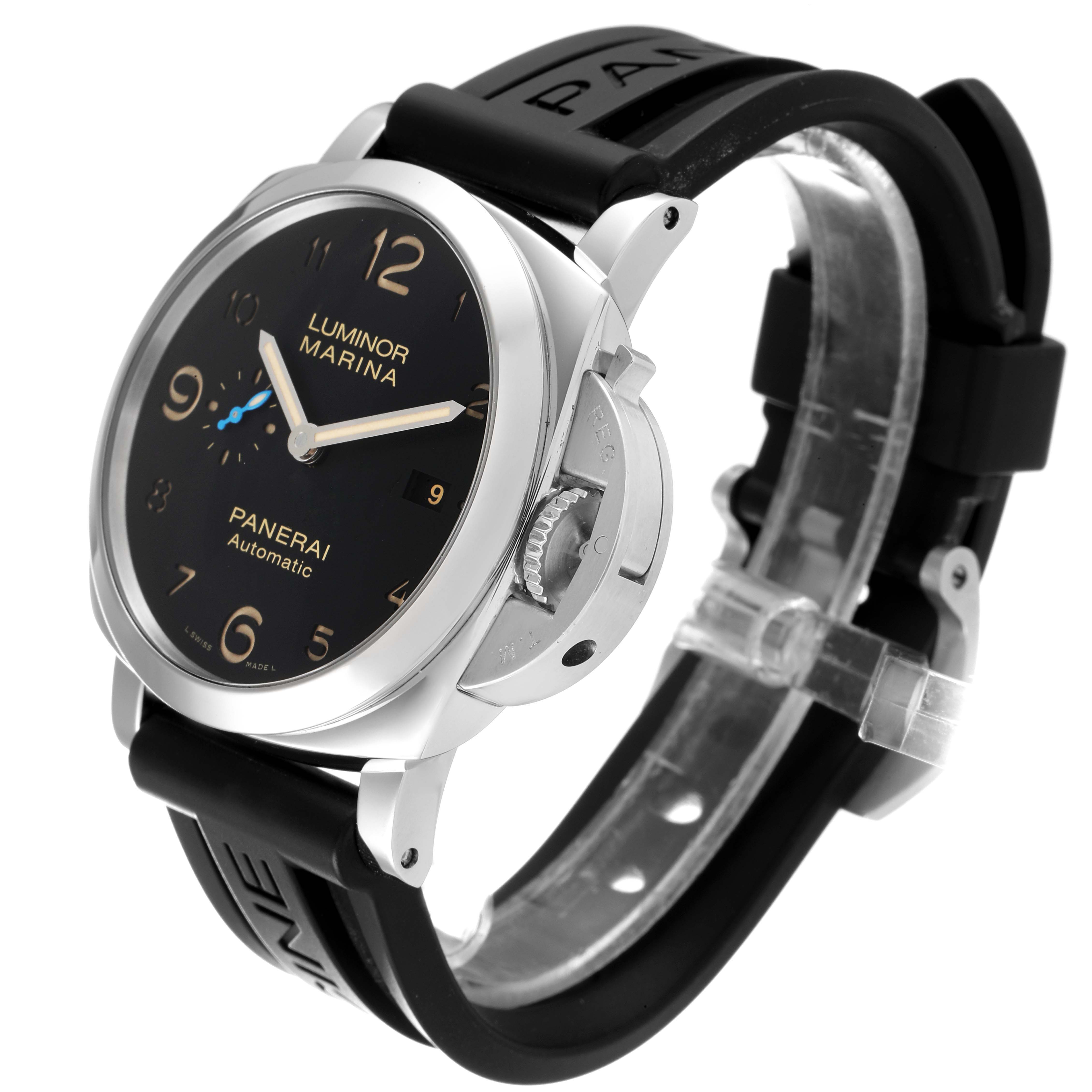 The image shows a Panerai Luminor PAM01359 Men's Stainless Steel Black Dial PAM01359 Men's Stainless Steel Black Dial watch at a 3/4 angle, featuring its dial, crown, and black rubber strap.