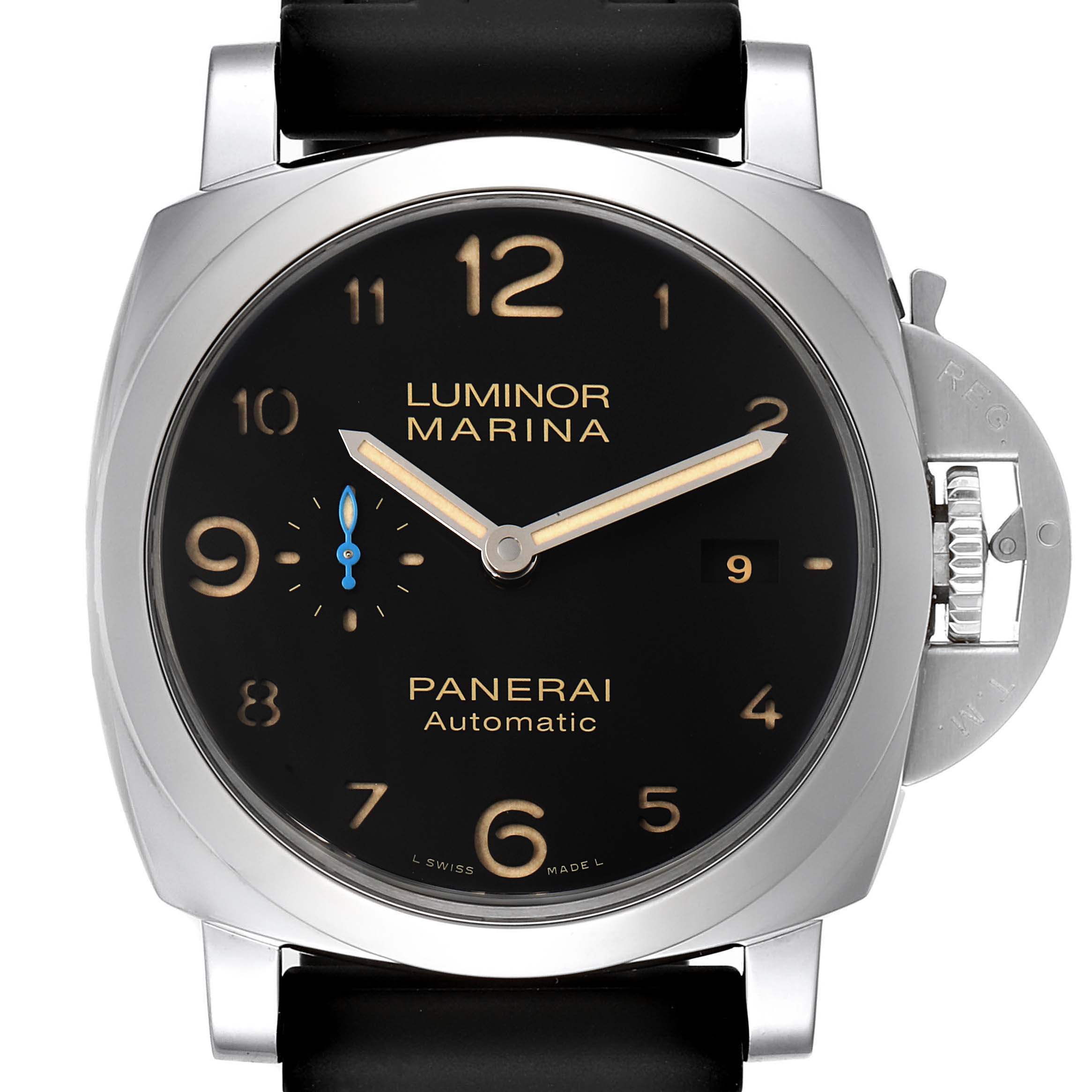 This image shows a front view of the Panerai Luminor PAM01359 Men's Stainless Steel Black Dial PAM01359 Men's Stainless Steel Black Dial Marina watch, displaying its dial, numerals, crown, and strap.