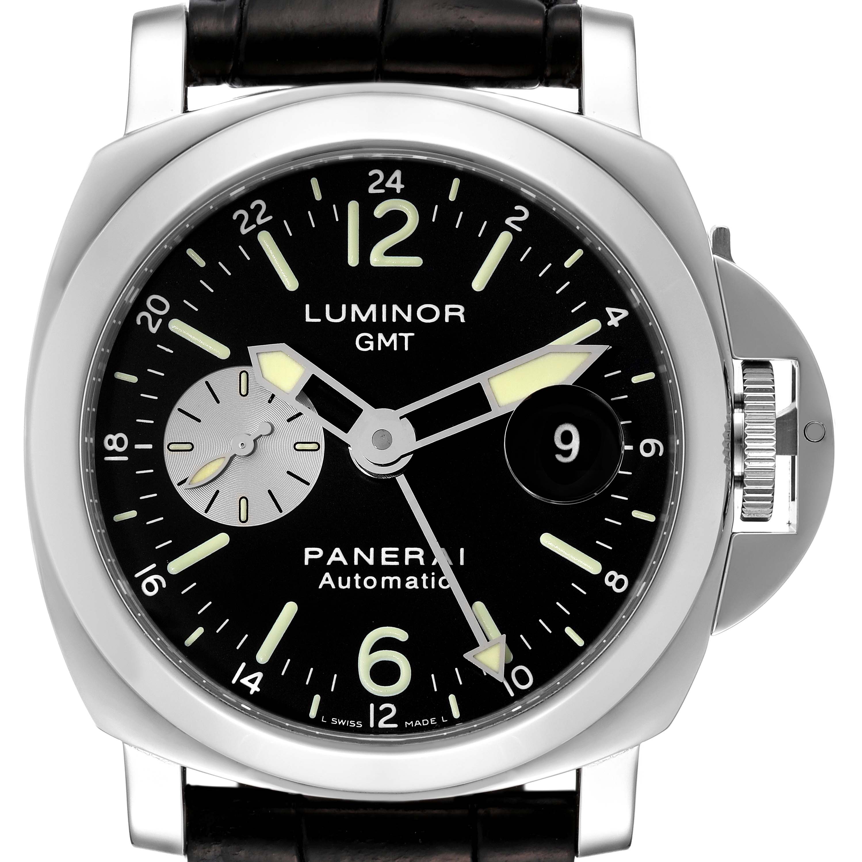 The image shows a front view of the Panerai Luminor PAM00088 Men
s Stainless Steel Black Dial PAM00088 Men
s Stainless Steel Black Dial GMT watch including the dial, bezel, crown, and strap attachments.