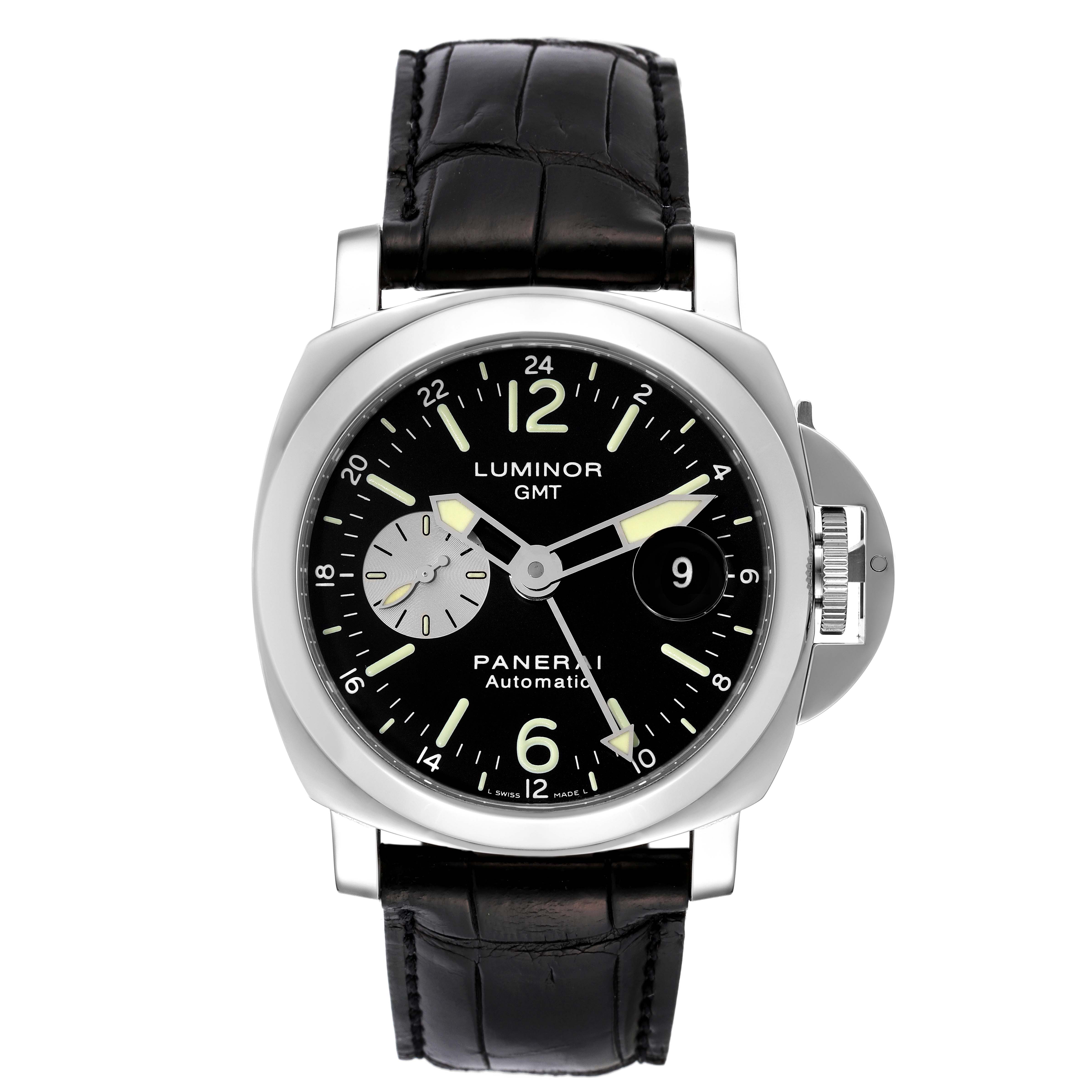 The image shows a front view of a Panerai Luminor PAM00088 Men
s Stainless Steel Black Dial PAM00088 Men
s Stainless Steel Black Dial GMT watch with a black dial and leather strap.