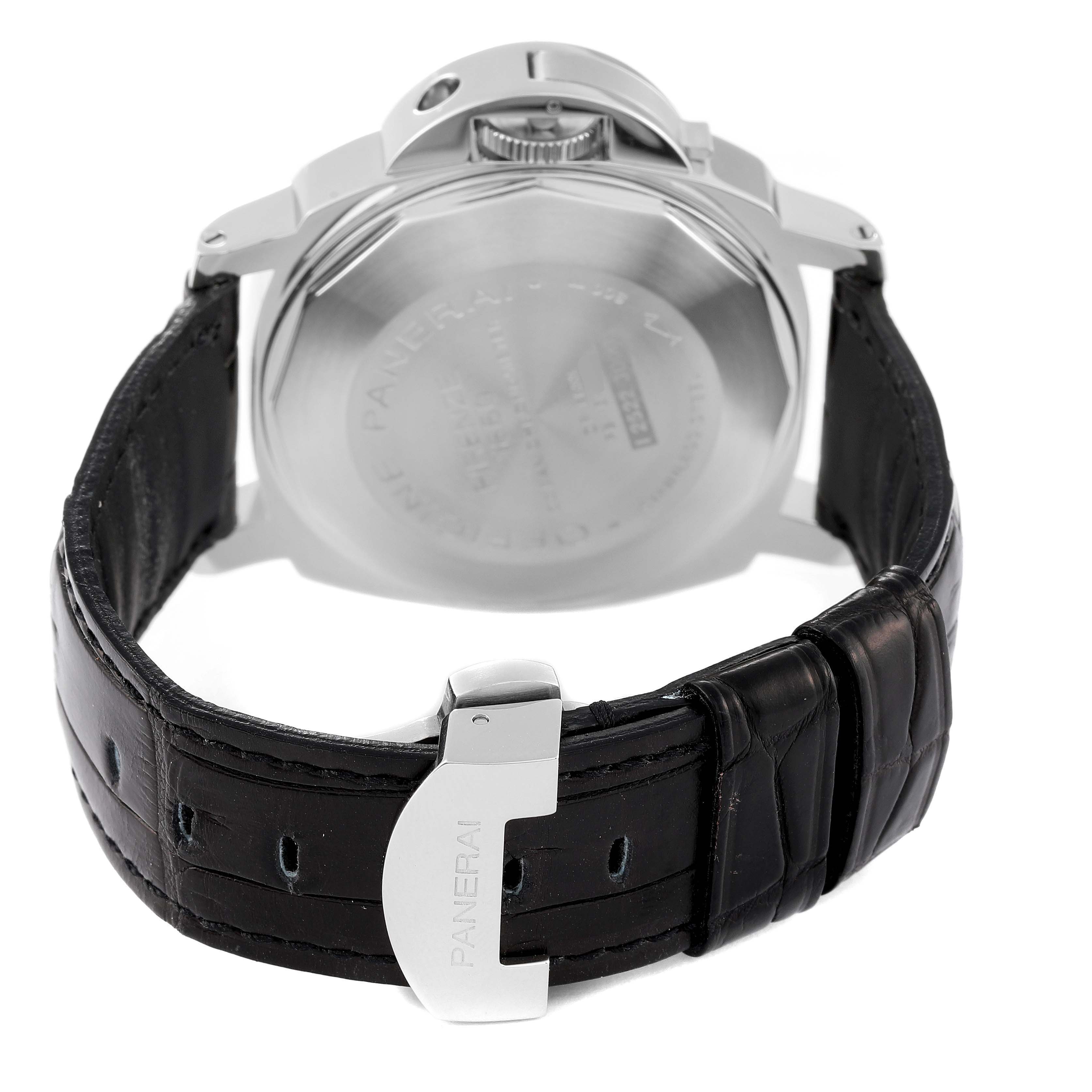 This image shows the back view of a Panerai Luminor PAM00088 Men
s Stainless Steel Black Dial PAM00088 Men
s Stainless Steel Black Dial watch, featuring its case back, crown guard, and leather strap with clasp.