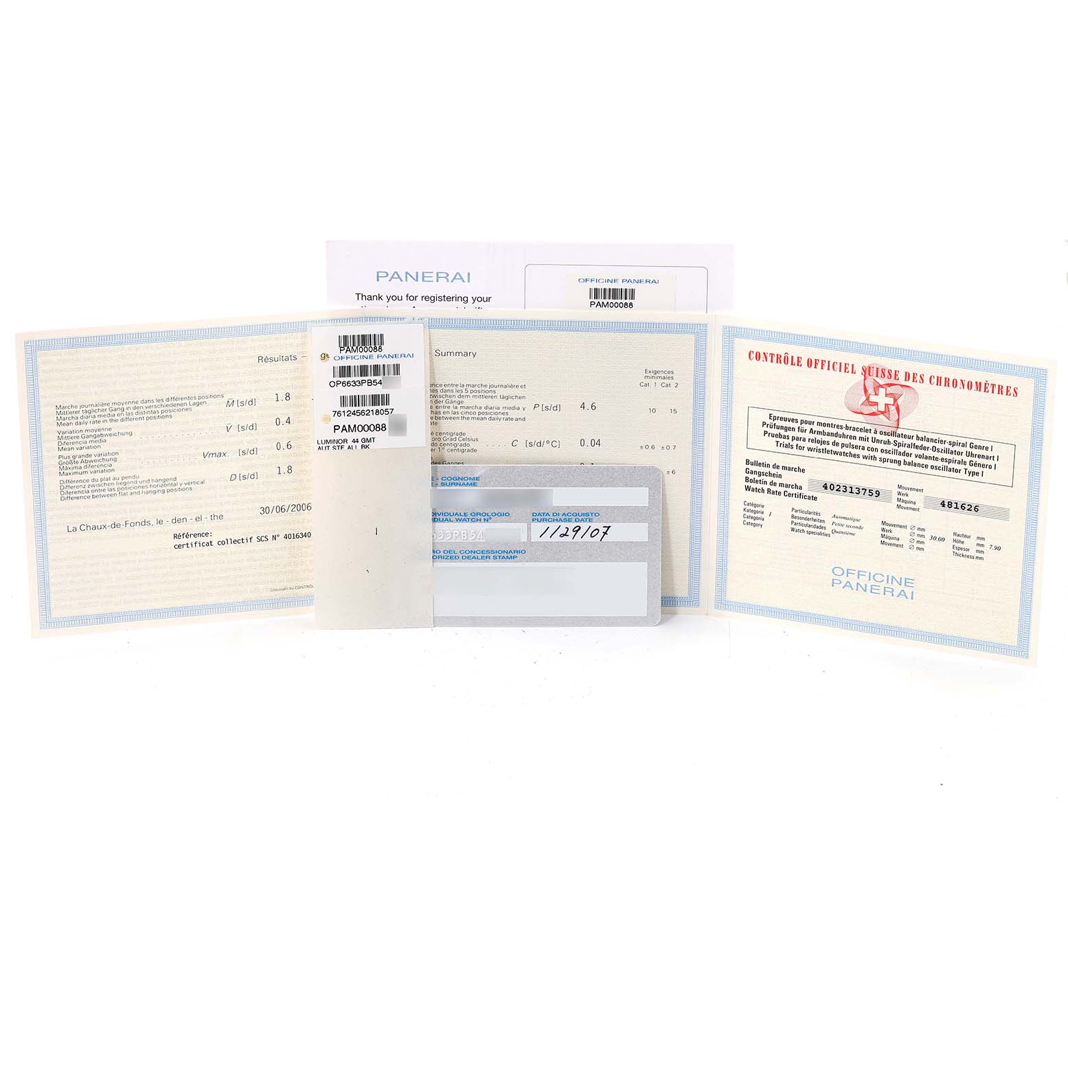 The image shows documentation and certificates for the Panerai Luminor PAM00088 Men
s Stainless Steel Black Dial PAM00088 Men
s Stainless Steel Black Dial watch model.