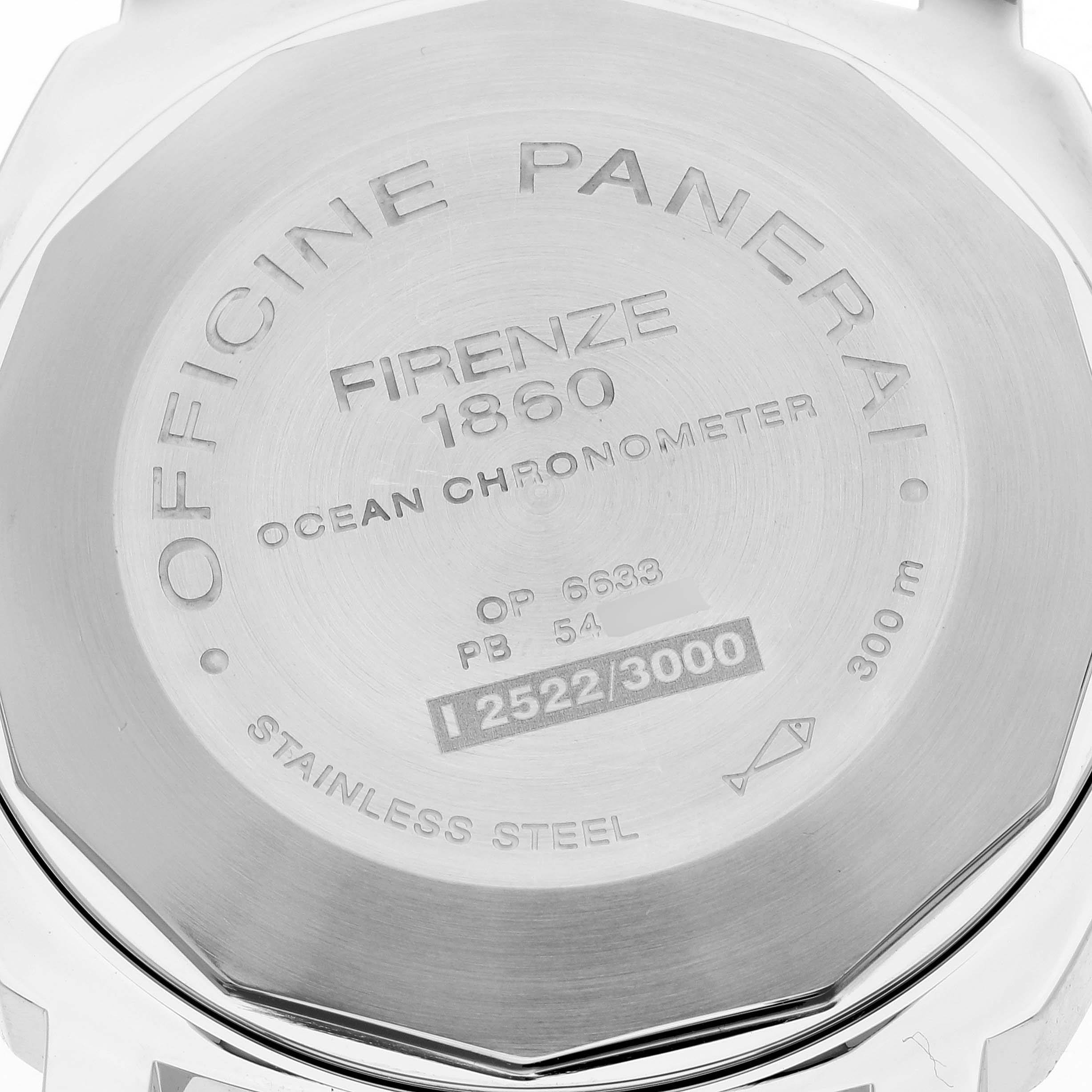 The image shows the back view of a Panerai Luminor PAM00088 Men
s Stainless Steel Black Dial PAM00088 Men
s Stainless Steel Black Dial watch, displaying its engravings and stainless steel case.