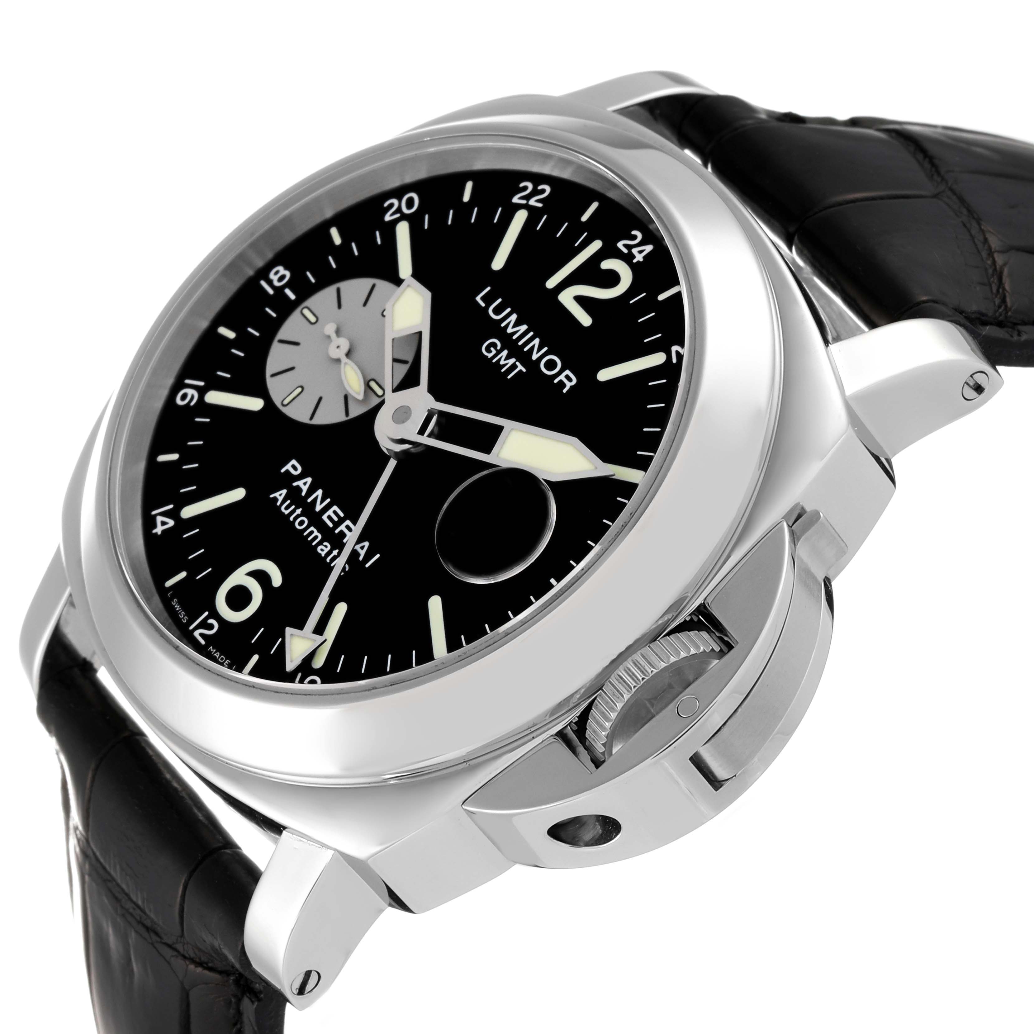 The image shows a side-angle view of a Panerai Luminor PAM00088 Men
s Stainless Steel Black Dial PAM00088 Men
s Stainless Steel Black Dial watch, highlighting the dial, crown guard, and strap.