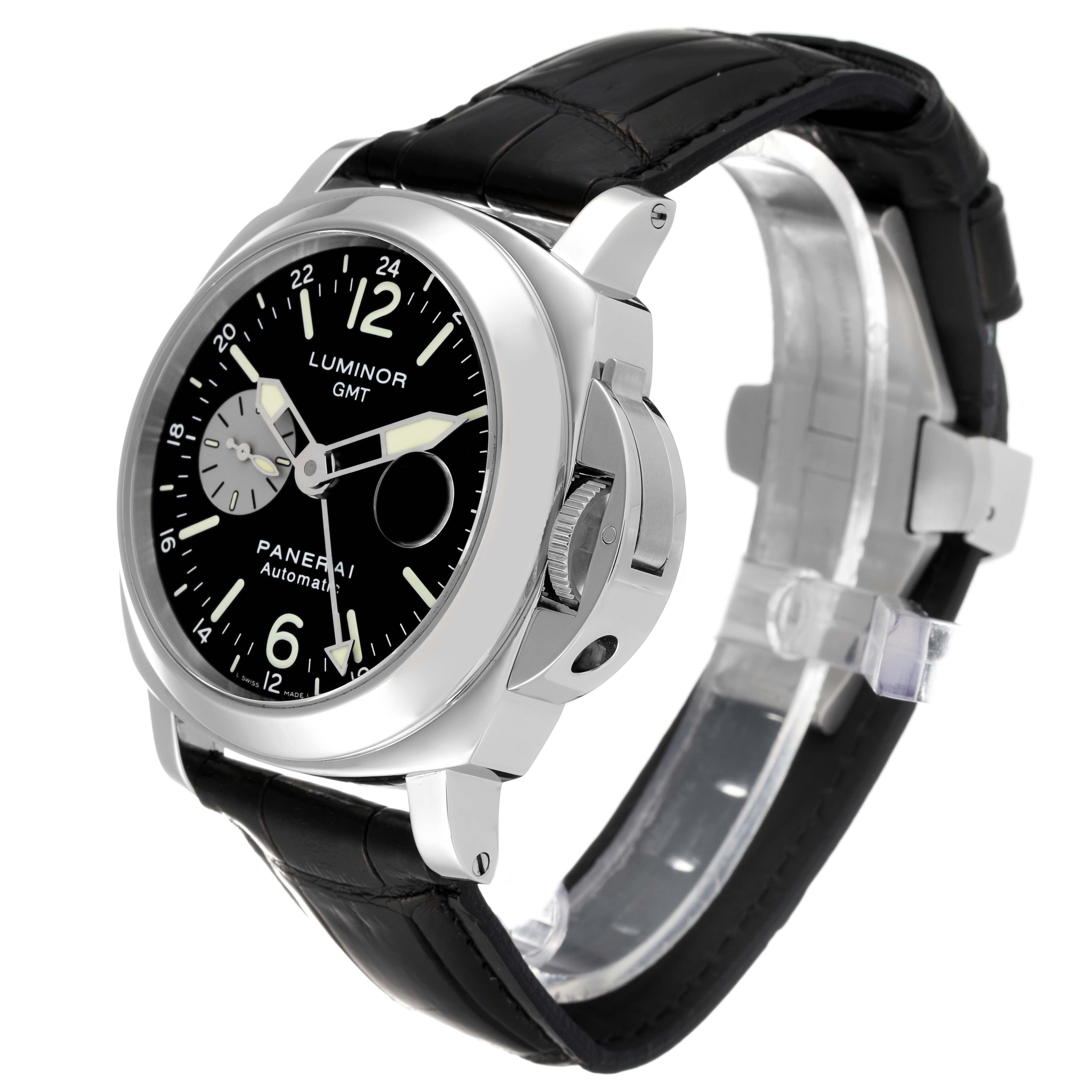 The Panerai Luminor PAM00088 Men
s Stainless Steel Black Dial PAM00088 Men
s Stainless Steel Black Dial watch is shown at a three-quarter angle, highlighting the dial, case, and black leather strap.