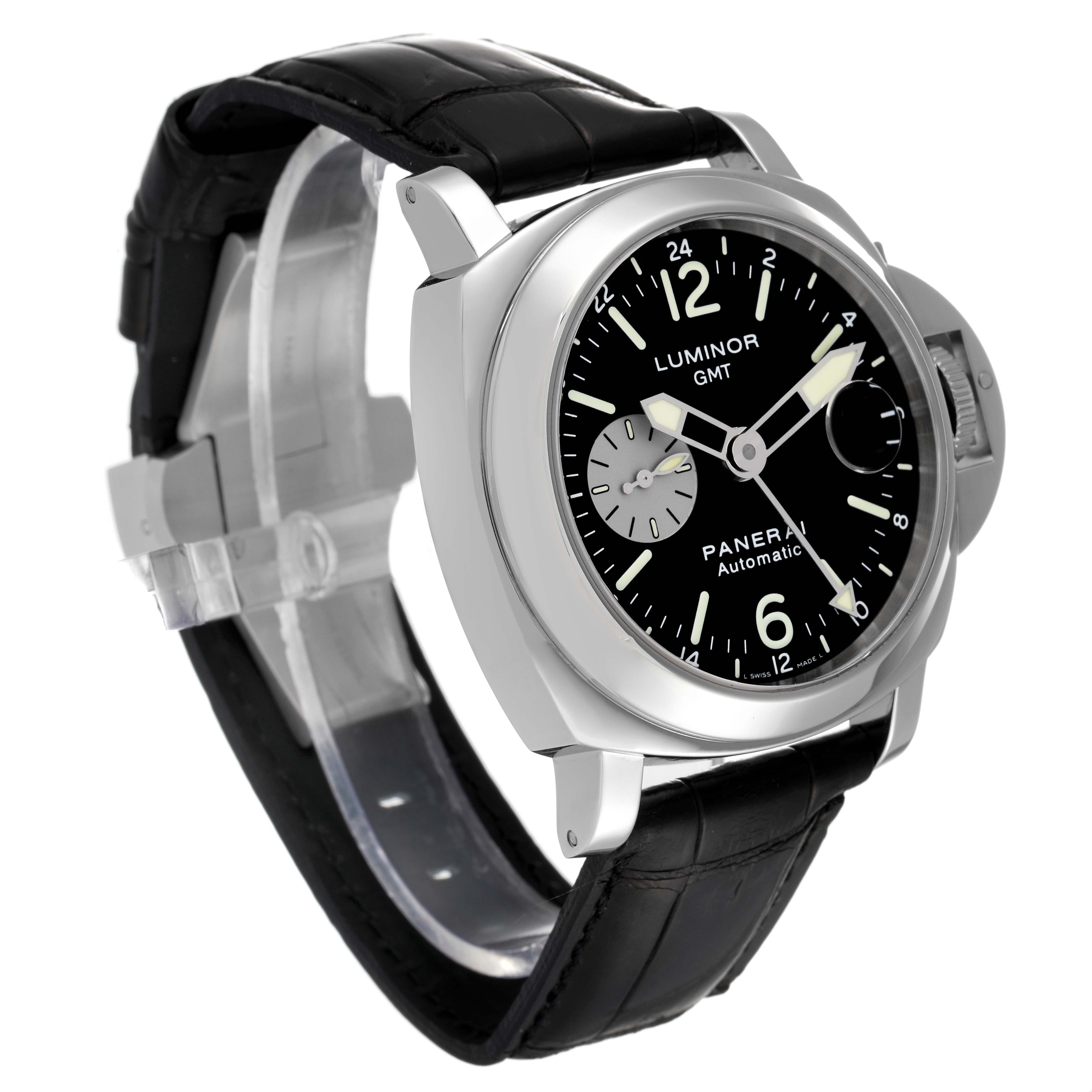 The image shows a Panerai Luminor PAM00088 Men
s Stainless Steel Black Dial PAM00088 Men
s Stainless Steel Black Dial watch at an angled view, highlighting the face, crown guard, and black leather strap.