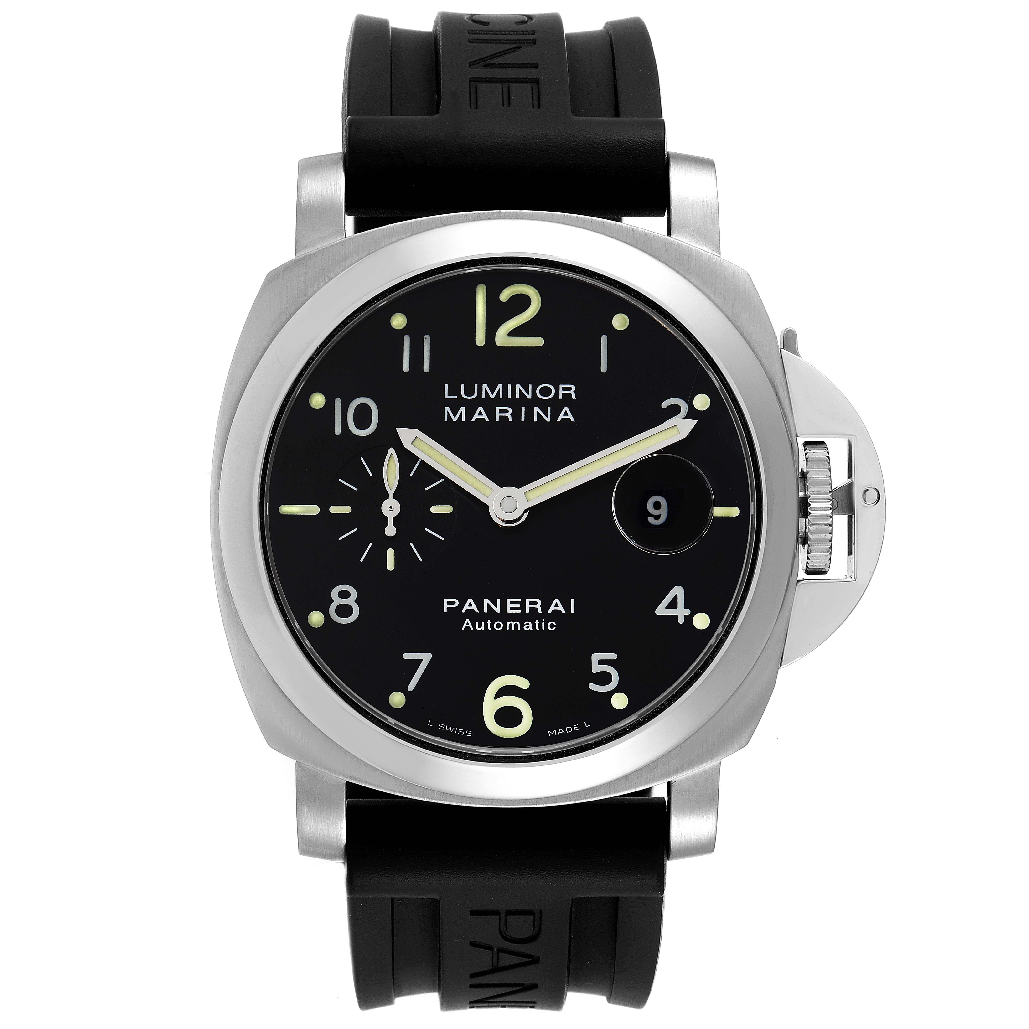 This image shows a front view of the Panerai Luminor PAM00164 Men
s Stainless Steel Black Dial PAM00164 Men
s Stainless Steel Black Dial Marina watch, including the dial, hands, crown, and rubber strap.