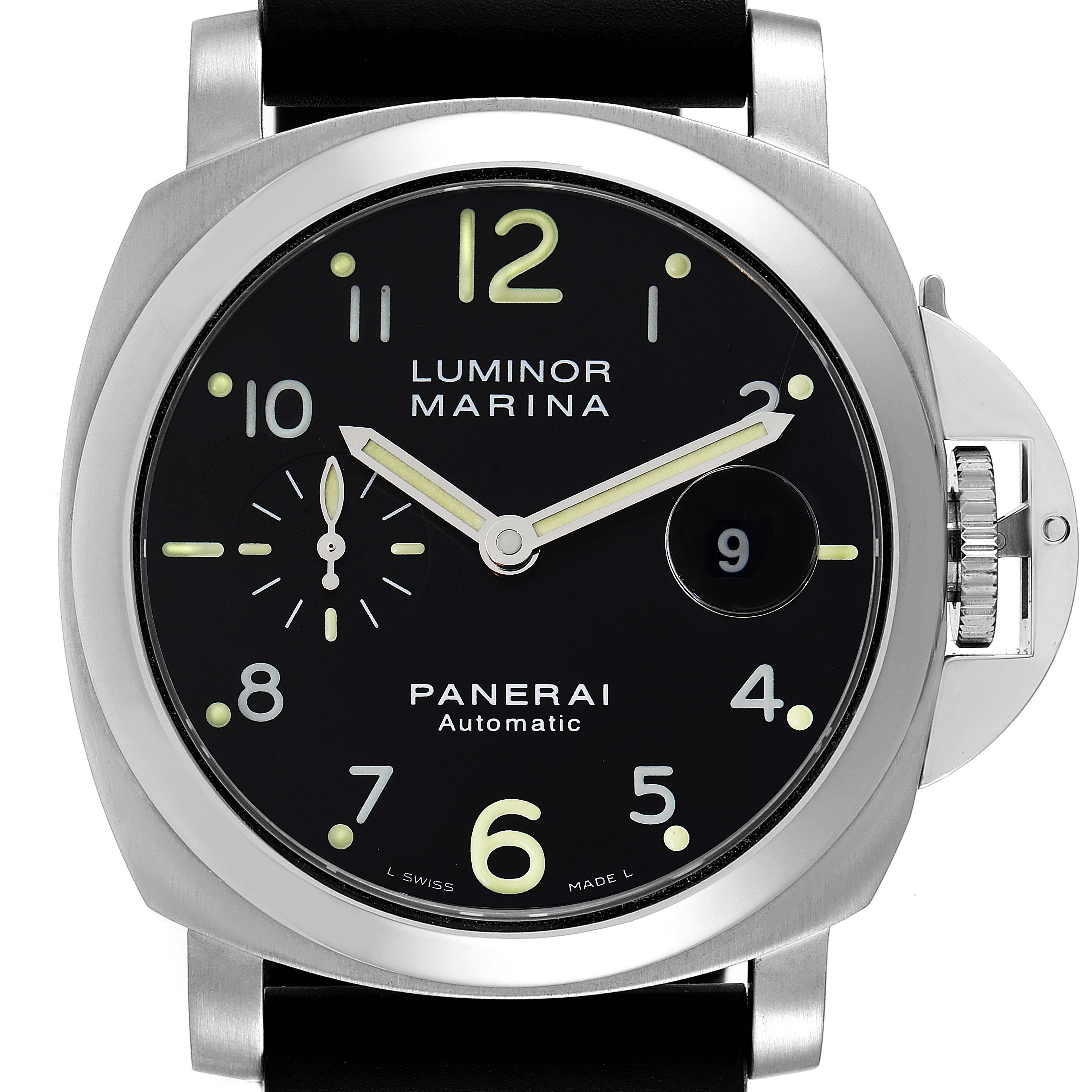 The image shows a front view of the Panerai Luminor PAM00164 Men
s Stainless Steel Black Dial PAM00164 Men
s Stainless Steel Black Dial Marina watch, highlighting the dial and crown guard.