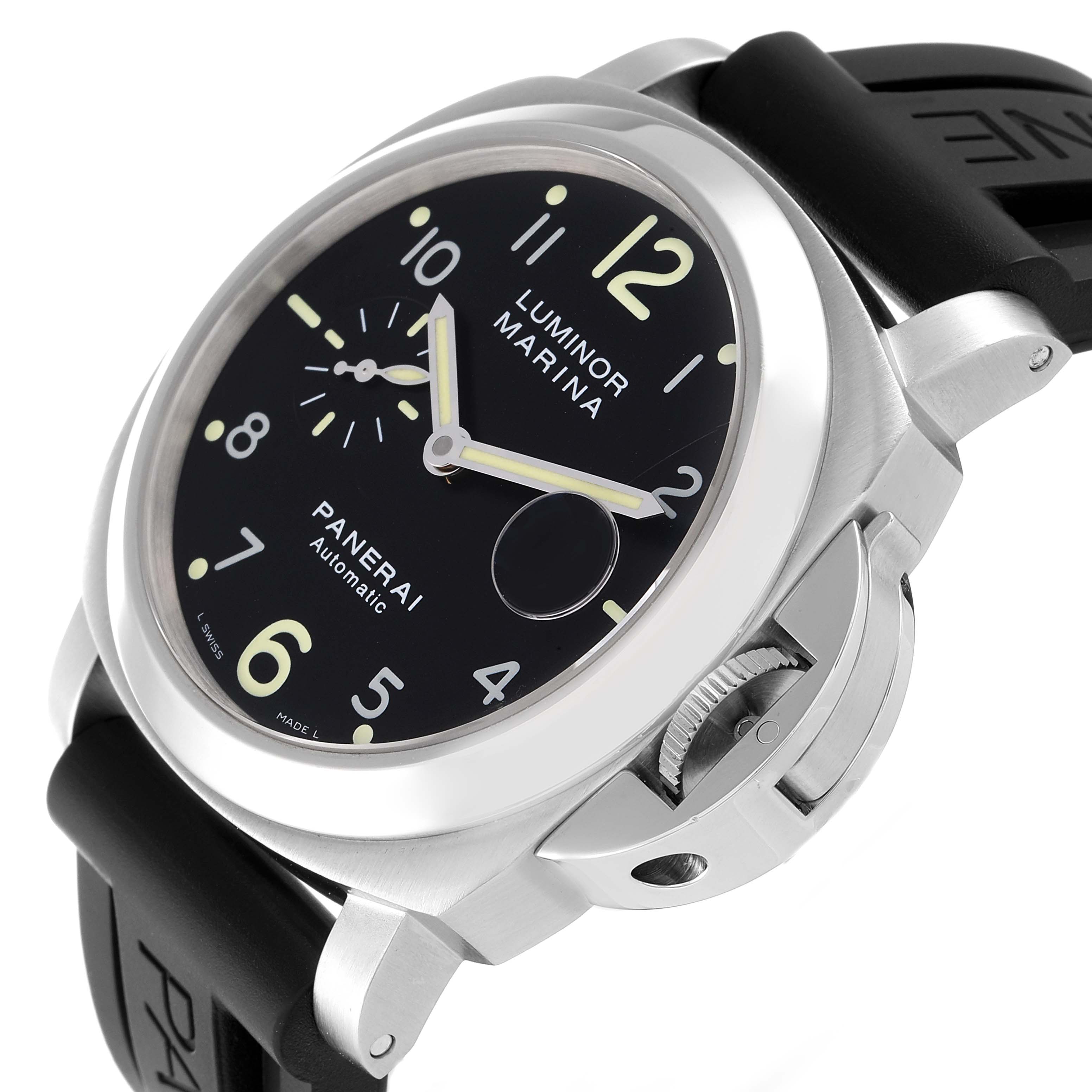 The image shows a Panerai Luminor PAM00164 Men
s Stainless Steel Black Dial PAM00164 Men
s Stainless Steel Black Dial model watch from a side angle, highlighting the crown guard and black dial with luminous numerals.